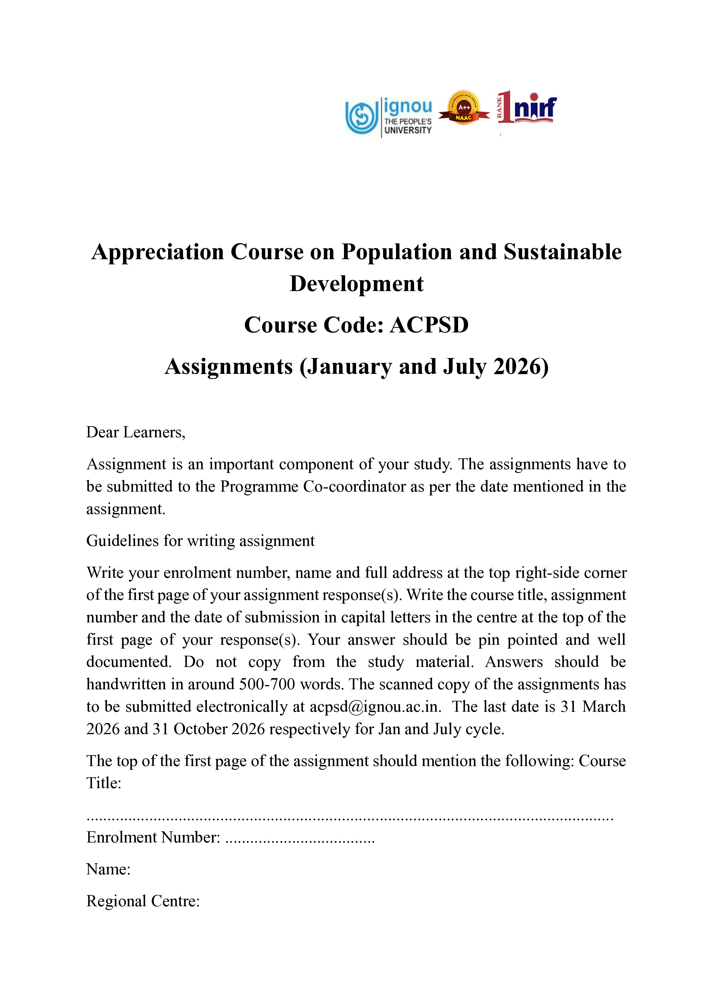 IGNOU ACPSD Solved Assignment 2026-26 – Appreciation Course on Population and Sustainable Development (English) | IGNOU Students Portal