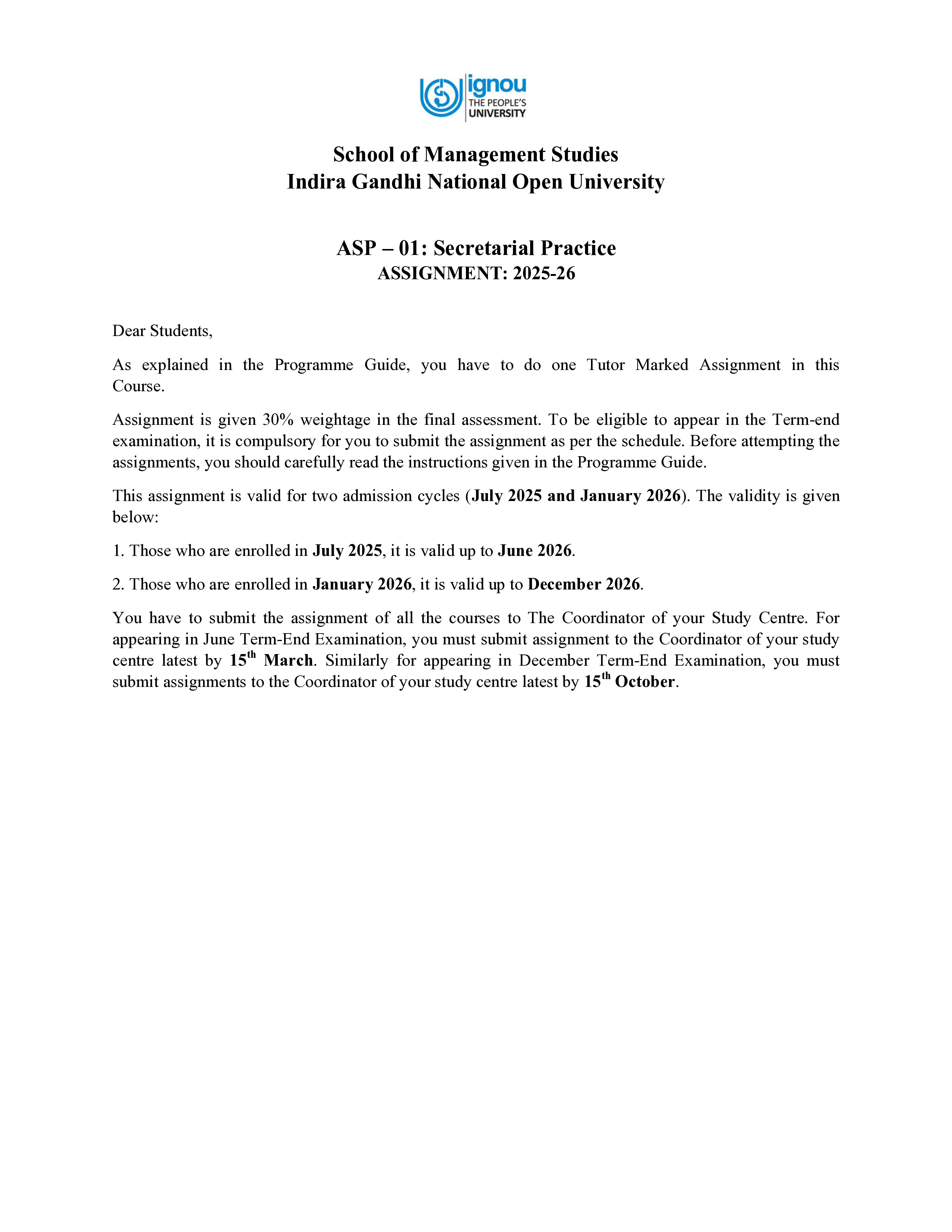 IGNOU ASP 001 Solved Assignment 2025-2026 – Secretarial Practice (English) | IGNOU Students Portal