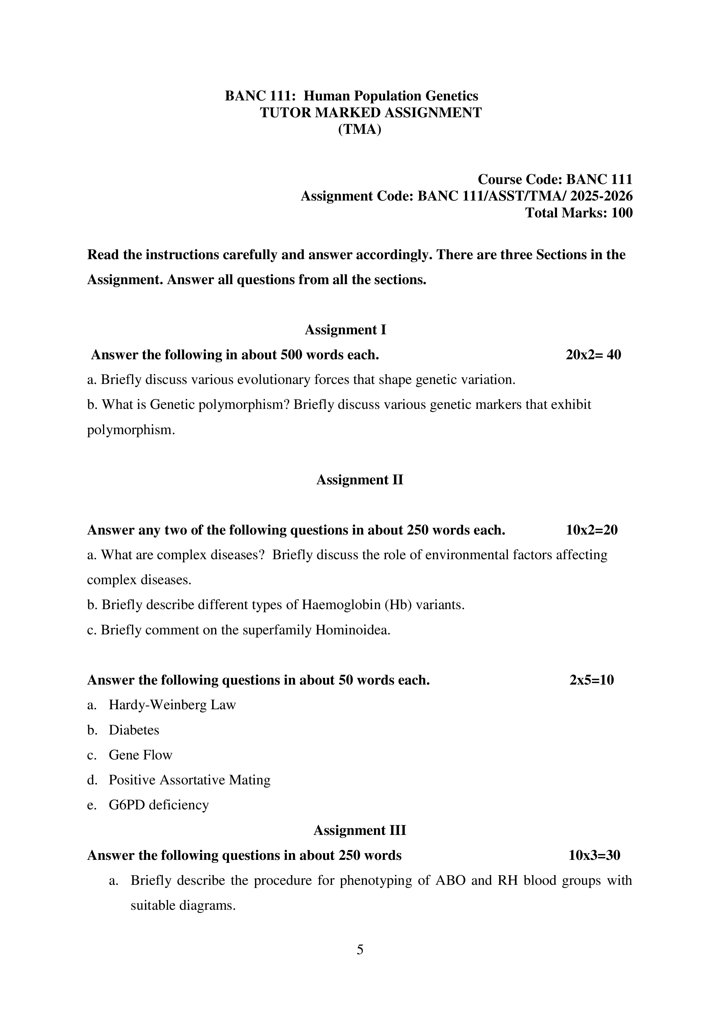 IGNOU BANC 111 Solved Assignment 2025-2026 – Human Population Genetics (English) | IGNOU Students Portal