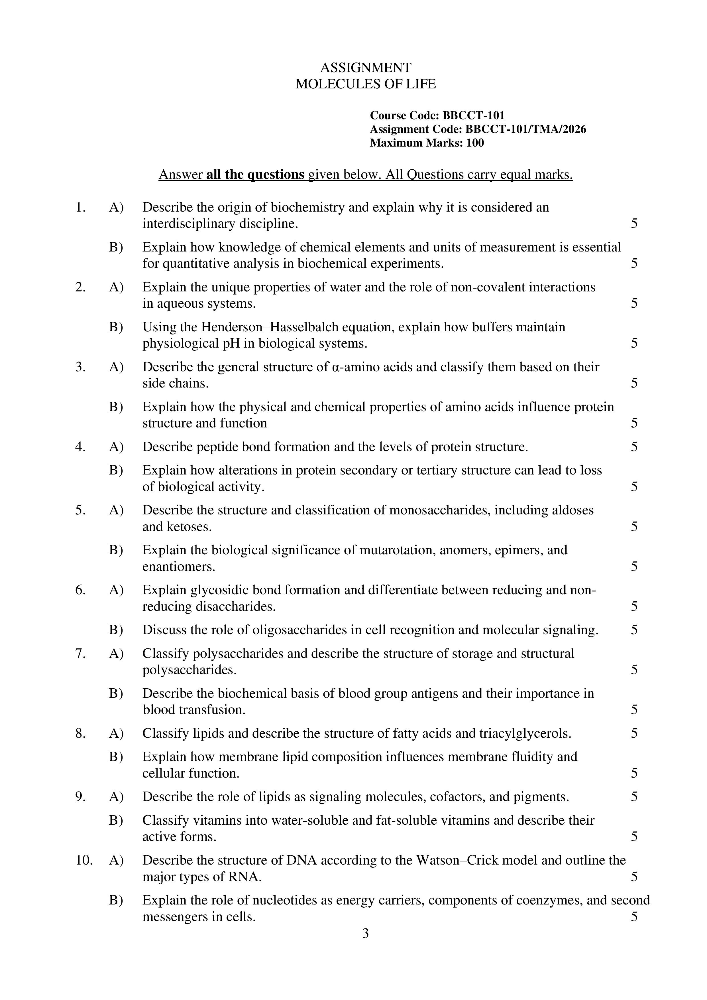 IGNOU BBCCT 101 Solved Assignment 2026-26 – Molecules of Life (English) | IGNOU Students Portal