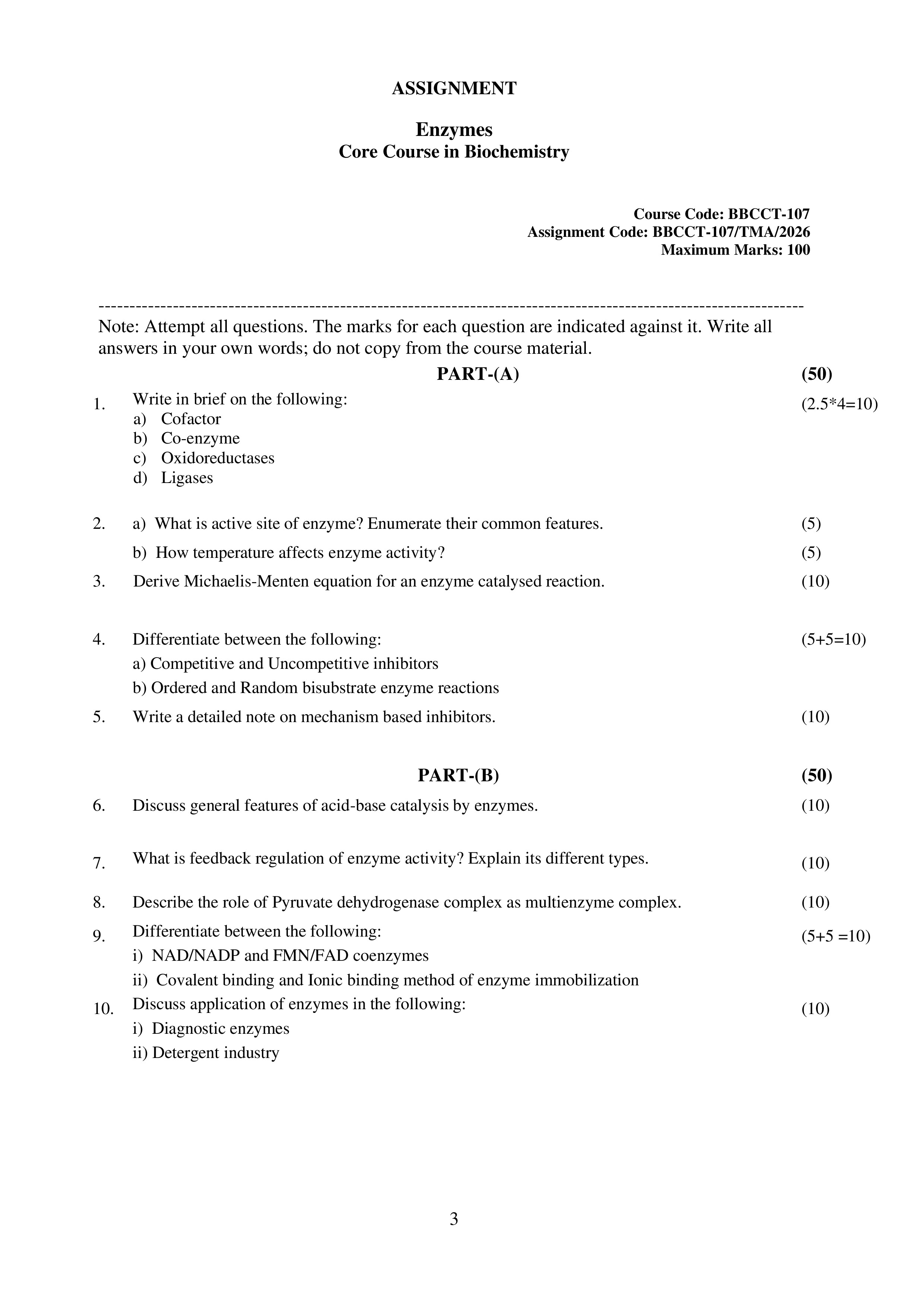 IGNOU BBCCT 107 Solved Assignment 2026-26 – Enzymes (English) | IGNOU Students Portal