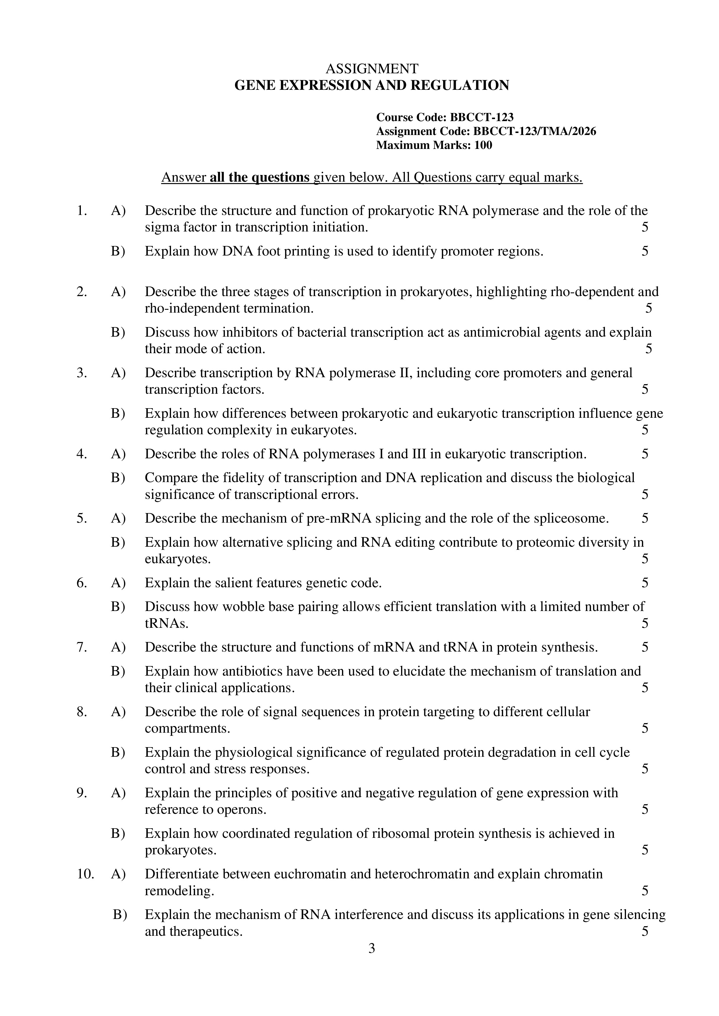 IGNOU BBCCT 123 Solved Assignment 2026-26 – Gene Expression and Regulation (English) | IGNOU Students Portal