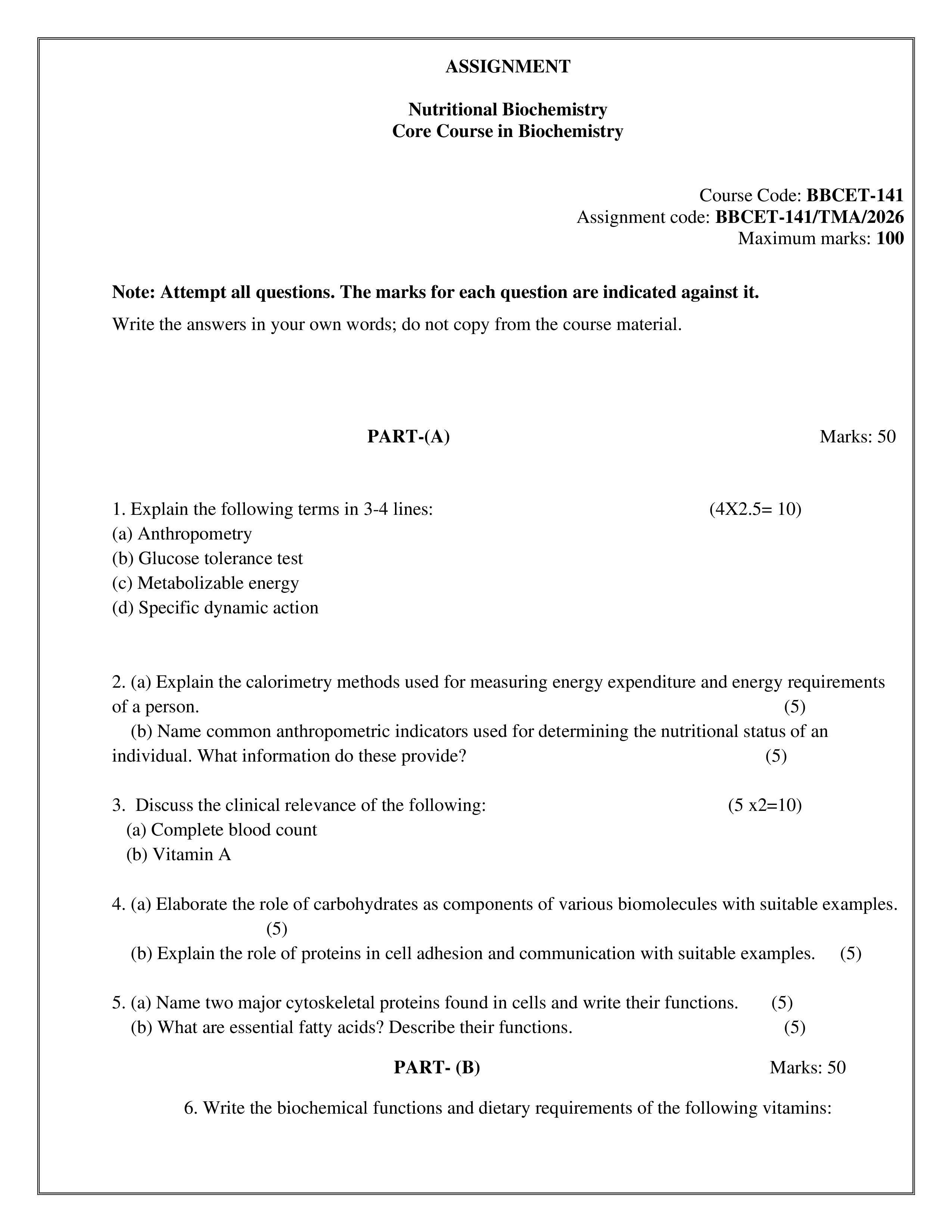 IGNOU BBCET 141 Solved Assignment 2026-26 – Nutritional Biochemistry (English) | IGNOU Students Portal