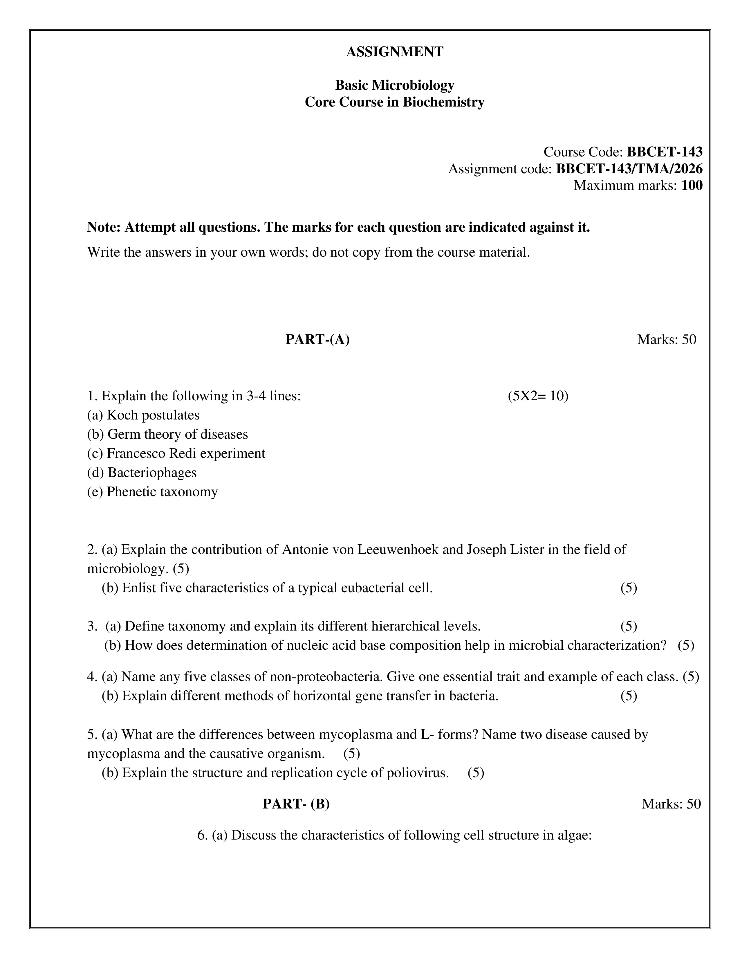 IGNOU BBCET 143 Solved Assignment 2026-26 – Basic Microbiology (English) | IGNOU Students Portal