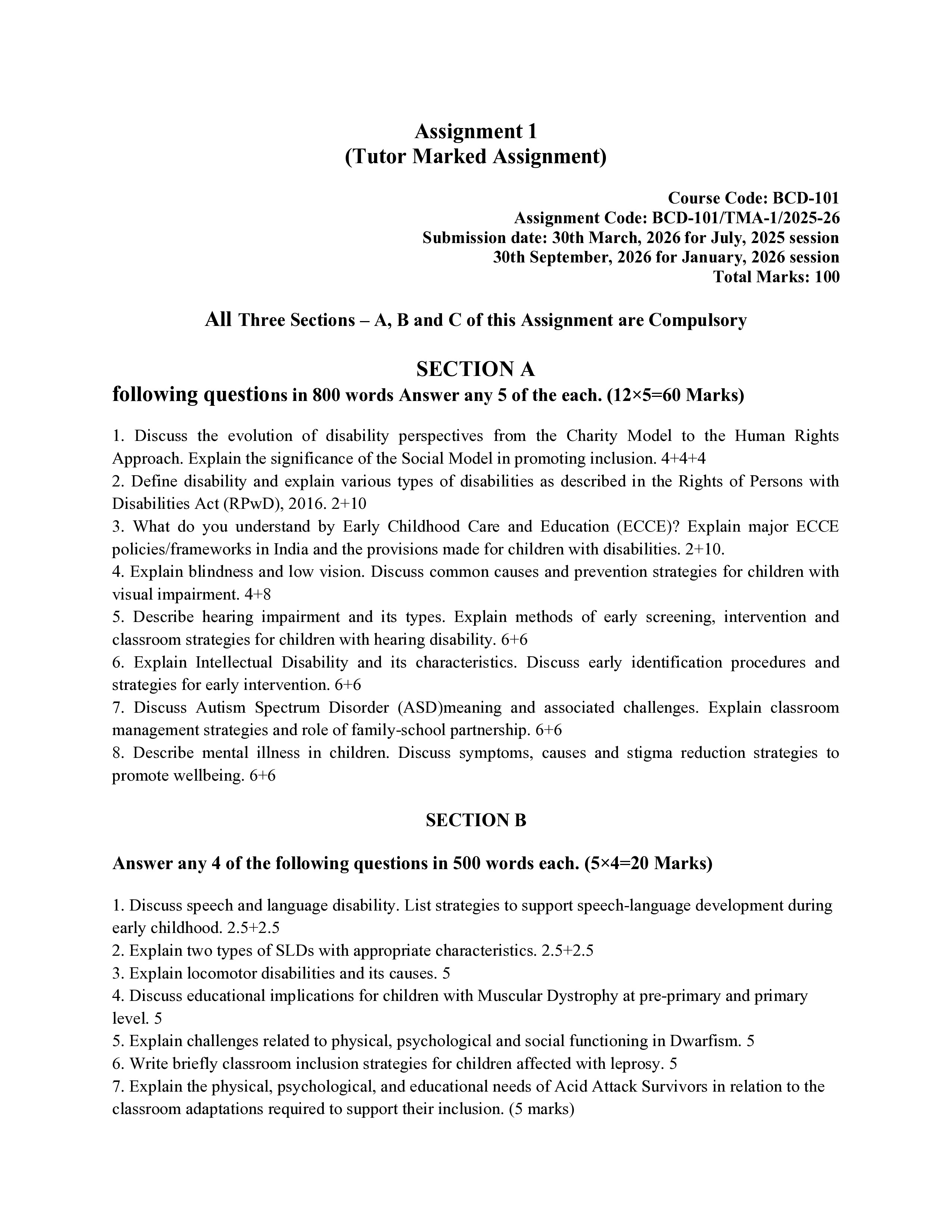 IGNOU BCD 101 Solved Assignment 2025-2026 – Introduction to Disability (English) | IGNOU Students Portal