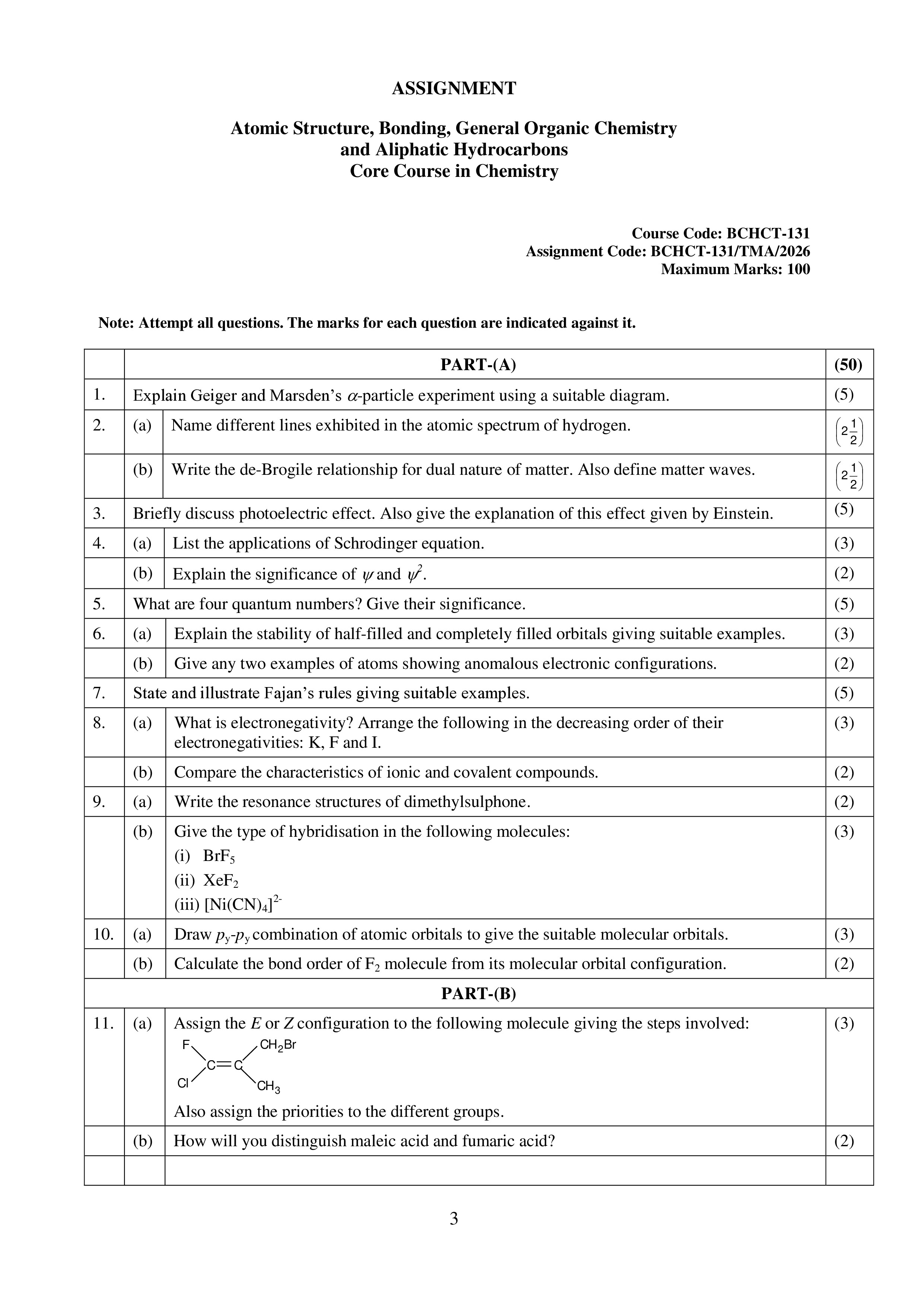 IGNOU BCHCT 131 Solved Assignment 2026-26 – Atomic Structure, Bonding, General Organic Chemistry and Aliphatic Hydrocarbons (English) | IGNOU Students Portal