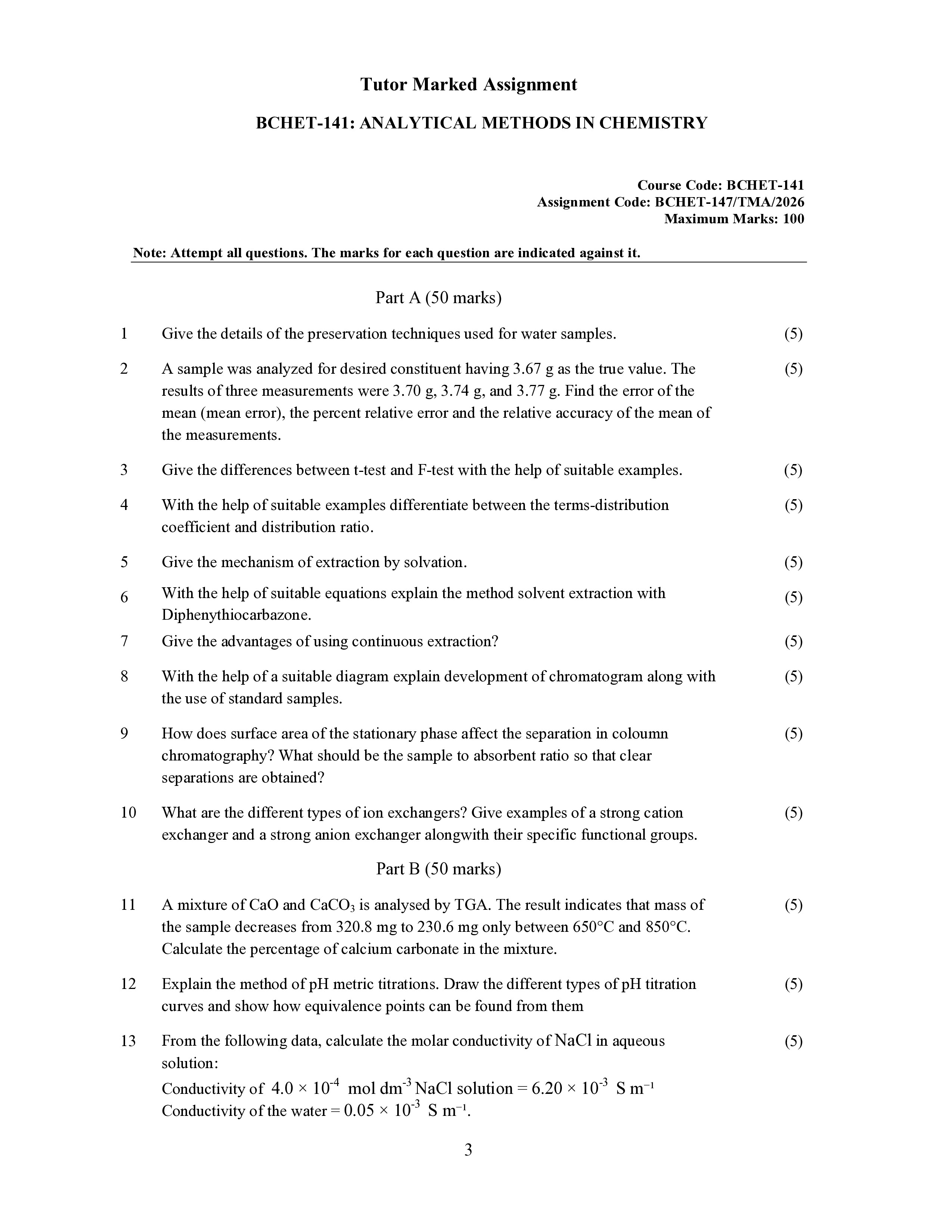 IGNOU BCHET 141 Solved Assignment 2026-26 – Analytical Methods in Chemistry (English) | IGNOU Students Portal