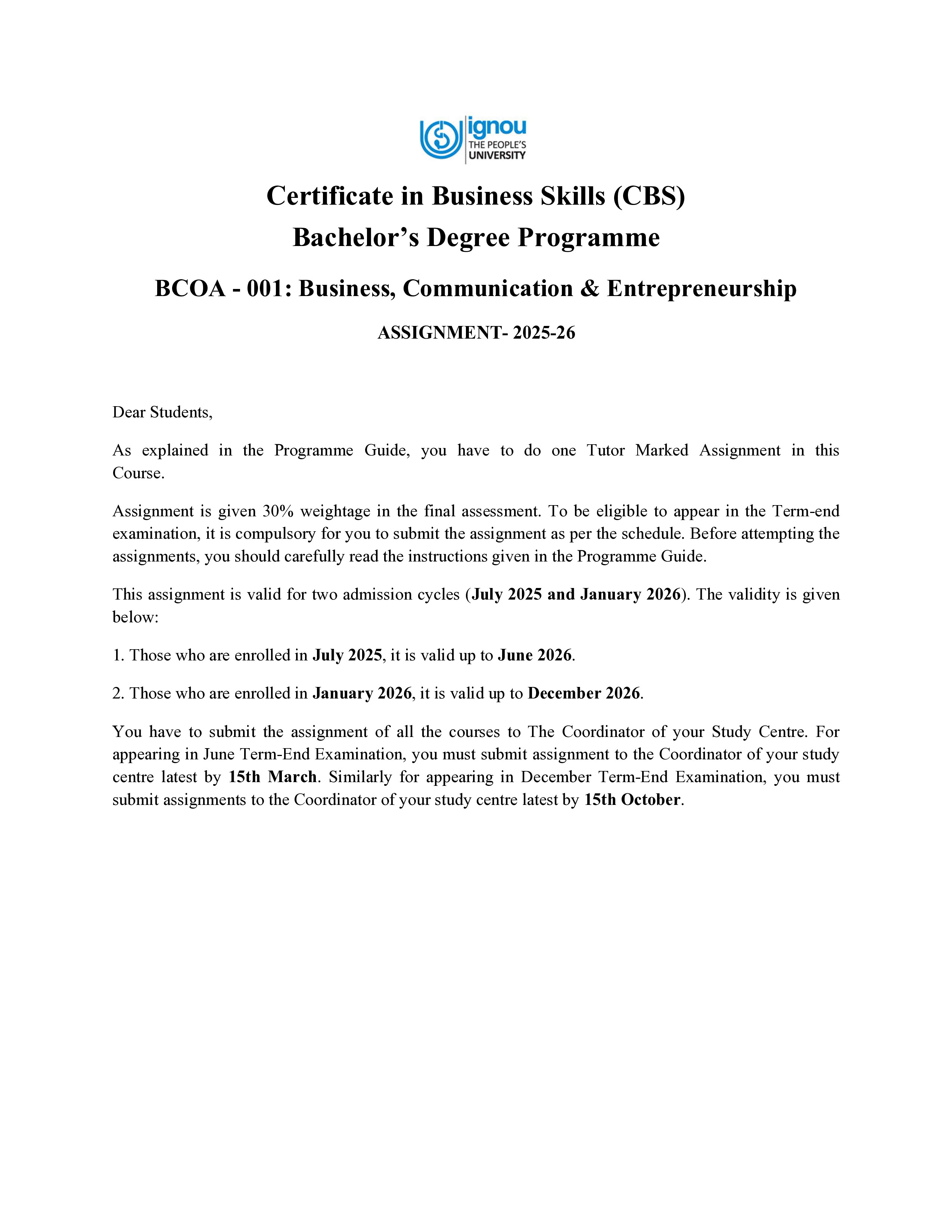 IGNOU BCOA 001 Solved Assignment 2025-2026 – Business Communication and Entrepreneurship (English) | IGNOU Students Portal
