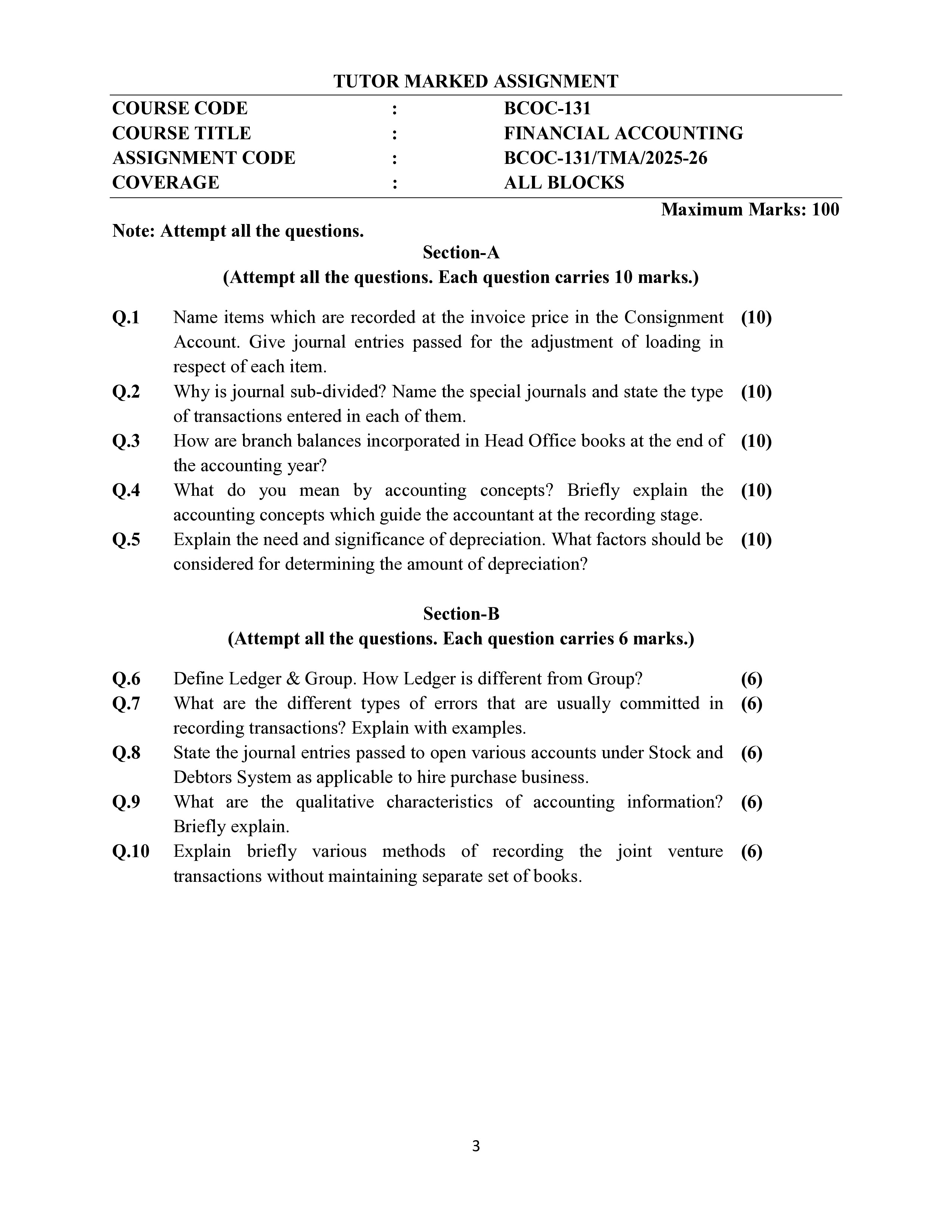 IGNOU BCOC 131 Solved Assignment 2025-2026 – Financial Accounting (English) | IGNOU Students Portal