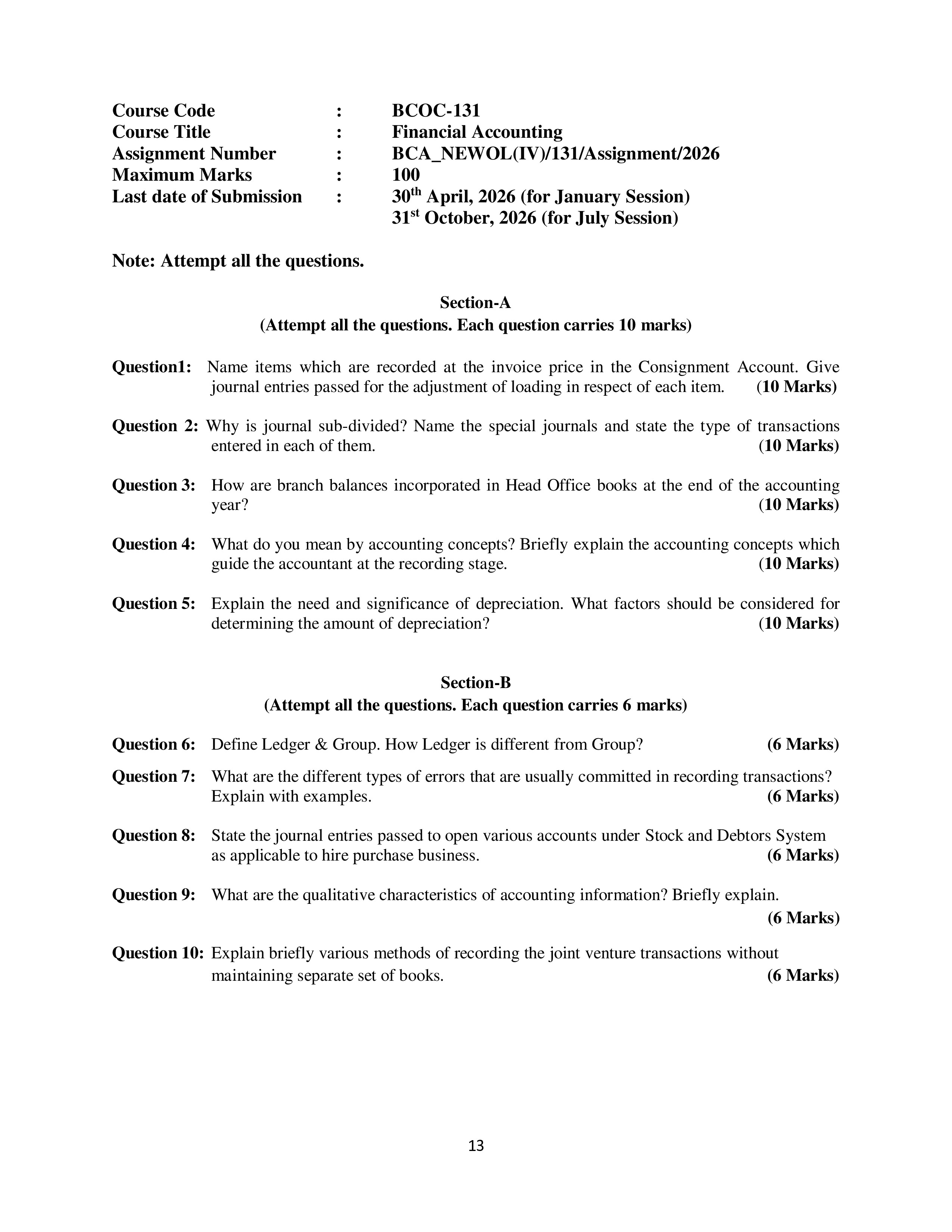 IGNOU BCOC 131 Solved Assignment 2026-26 – Financial Accounting (English) | IGNOU Students Portal