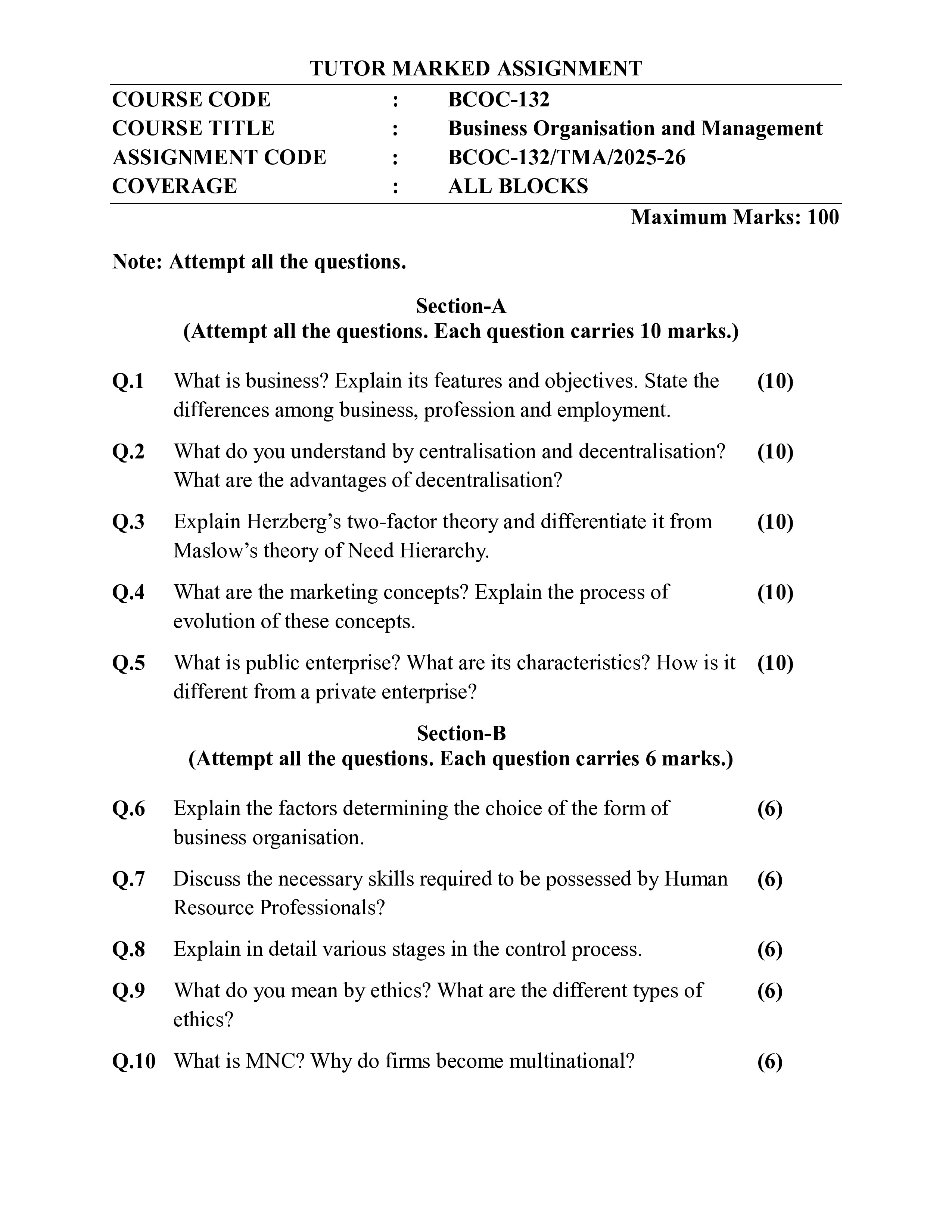 IGNOU BCOC 132 Solved Assignment 2025-2026 – Business Organisation and Management (English) | IGNOU Students Portal