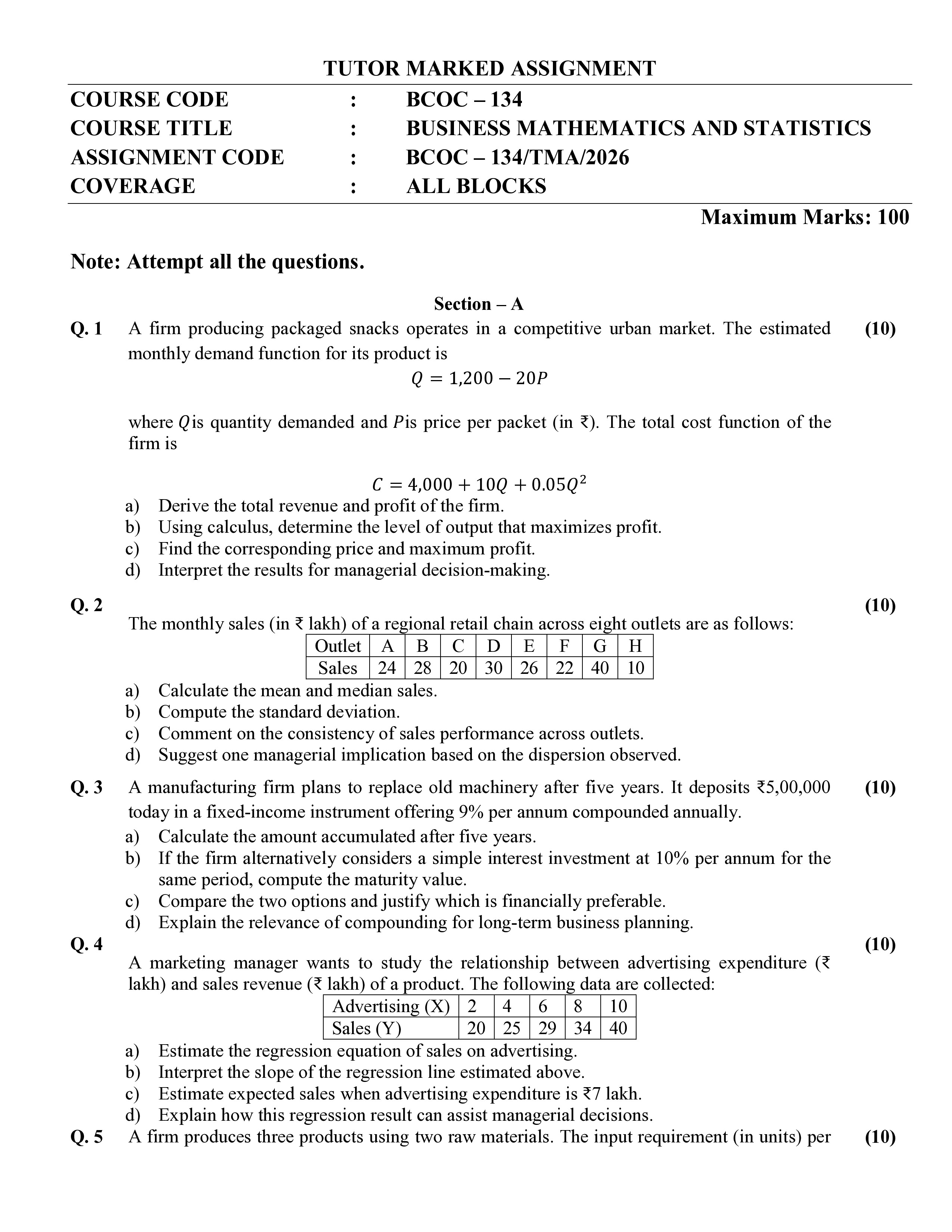 IGNOU BCOC 134 Solved Assignment 2026-26 – Business Mathematics and Statistics (English) | IGNOU Students Portal