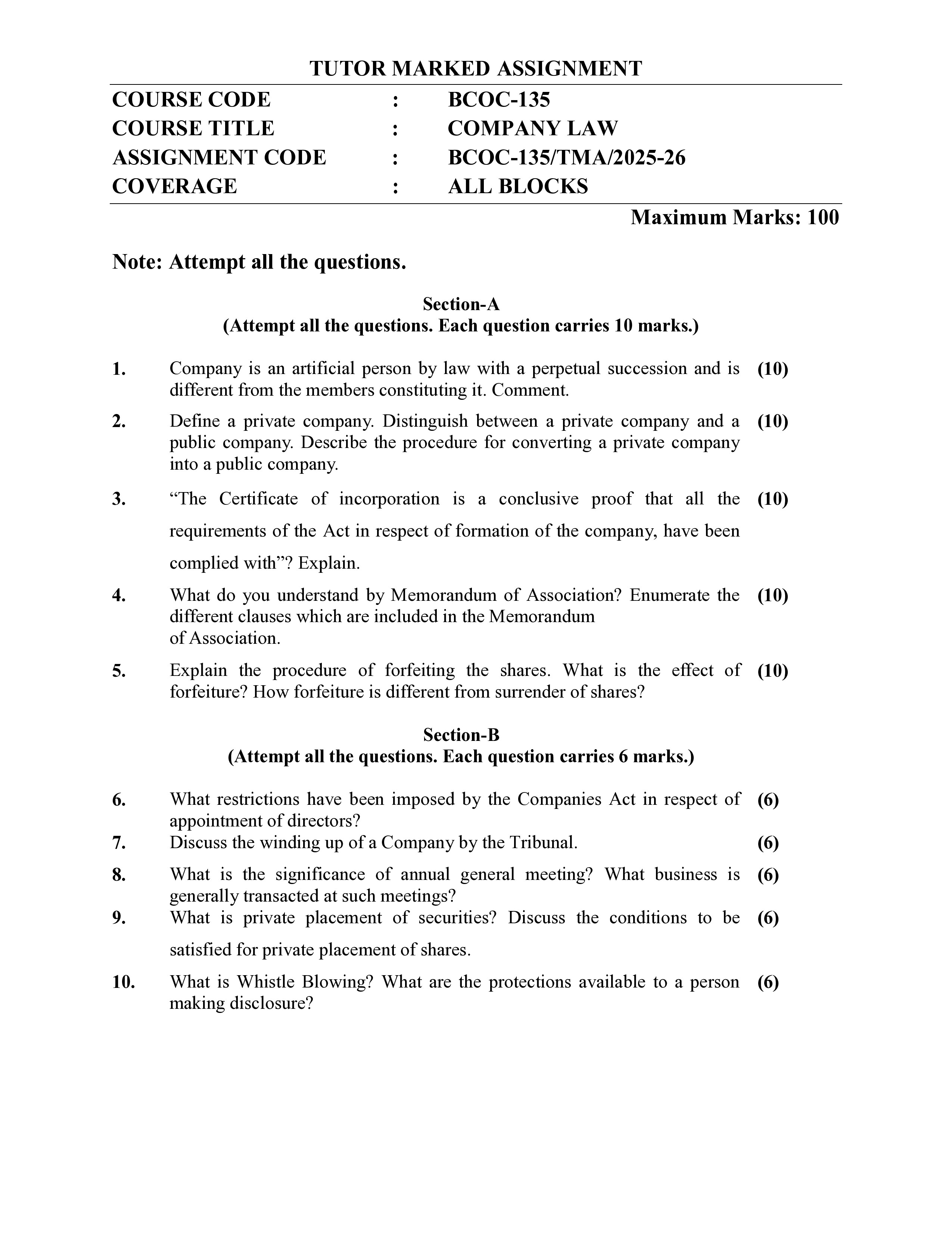 IGNOU BCOC 135 Solved Assignment 2025-25 – Company Law (English) | IGNOU Students Portal
