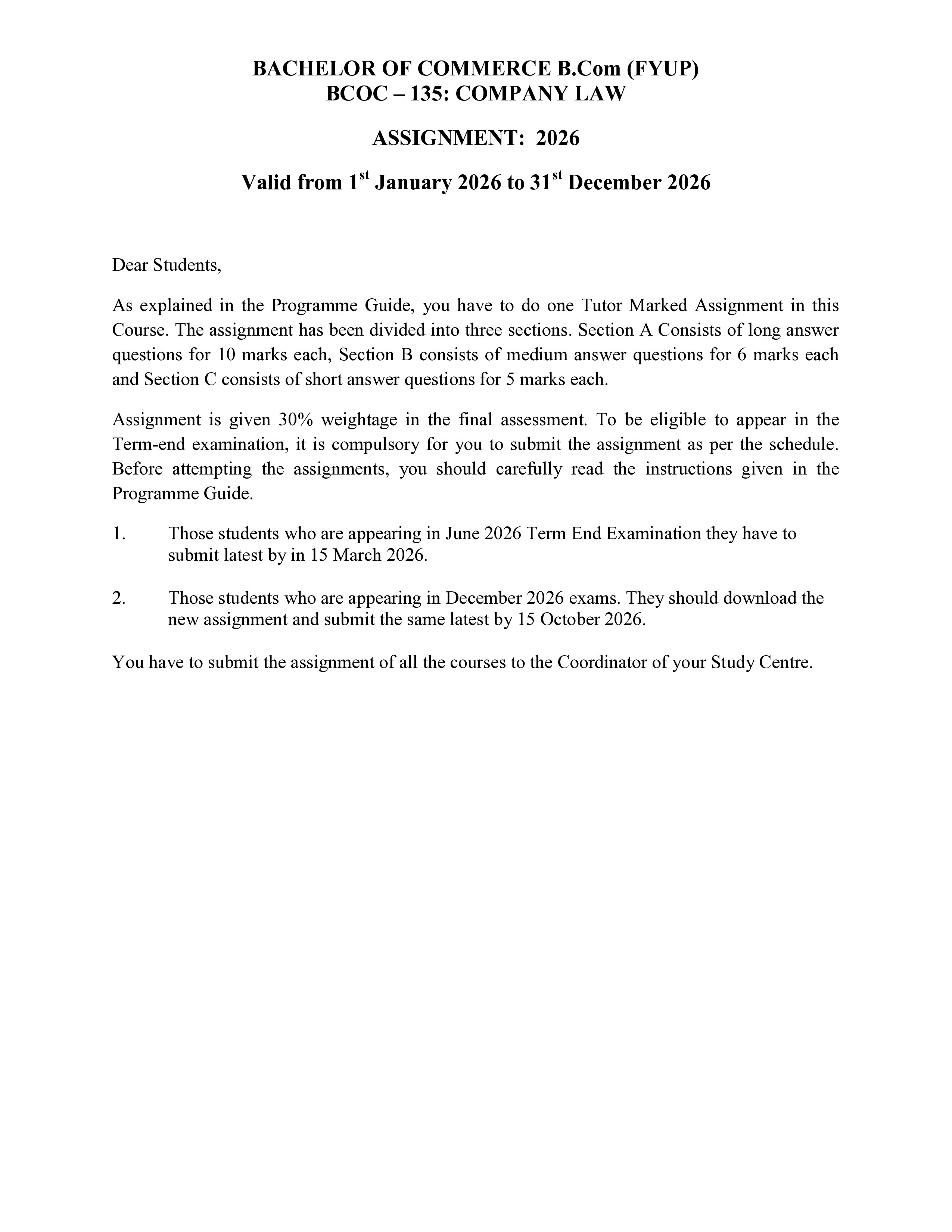 IGNOU BCOC 135 Solved Assignment 2026-26 – Company Law (English) | IGNOU Students Portal
