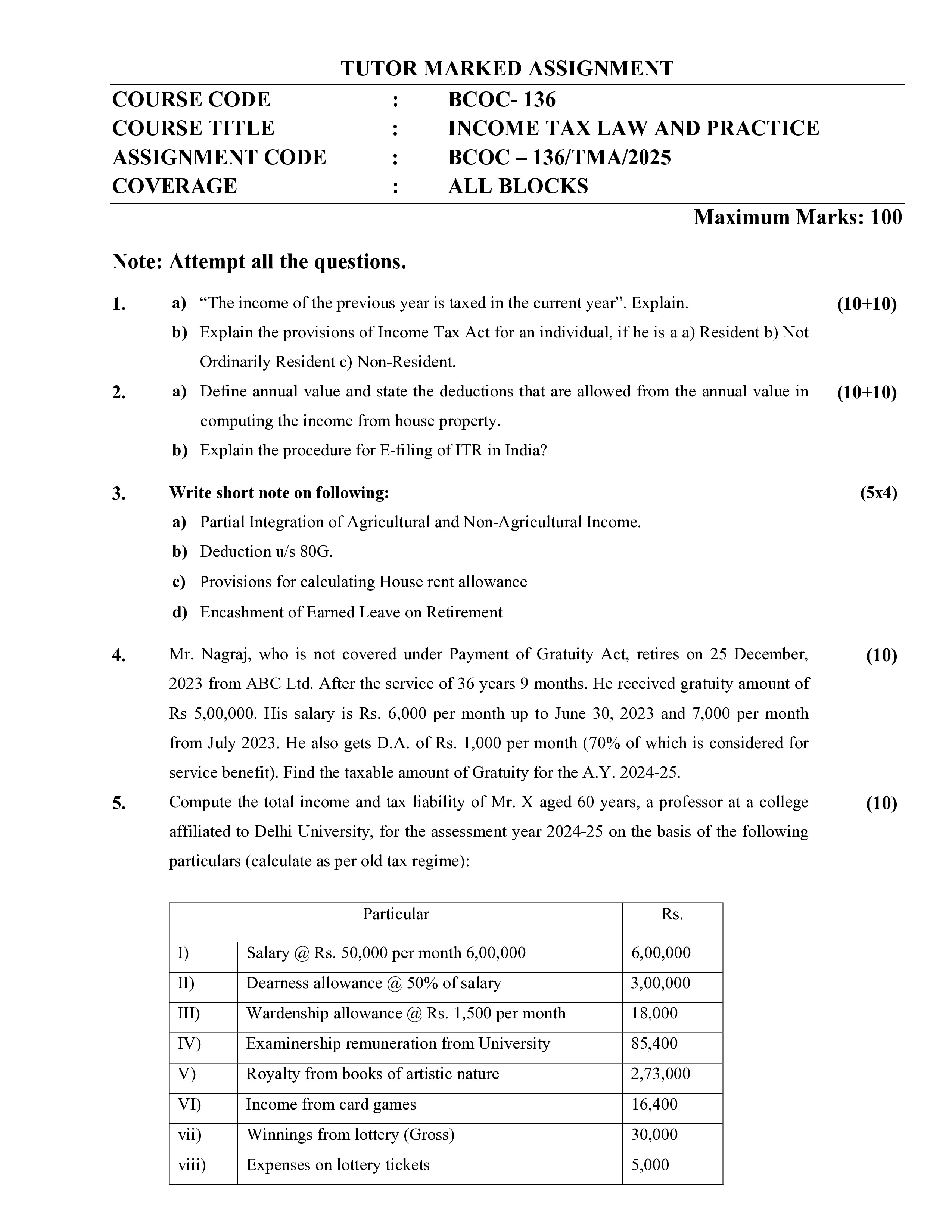 IGNOU BCOC 136 Solved Assignment 2025-25 – Income Tax Law and Practice (English) | IGNOU Students Portal