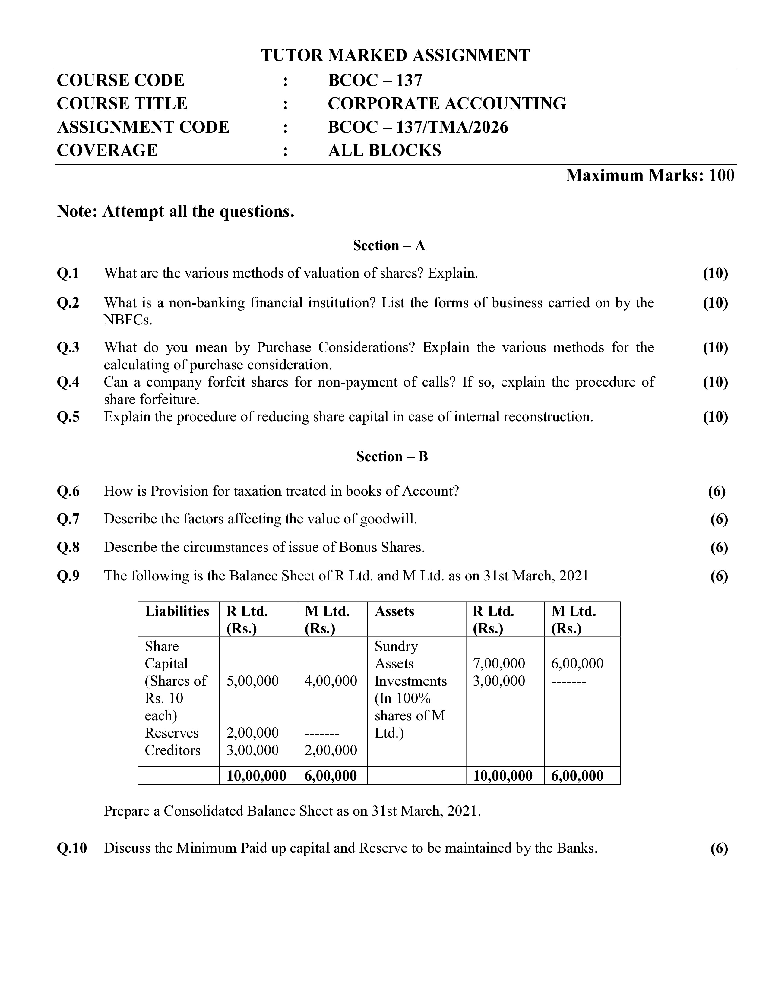 IGNOU BCOC 137 Solved Assignment 2026-26 – Corporate Accounting (English) | IGNOU Students Portal