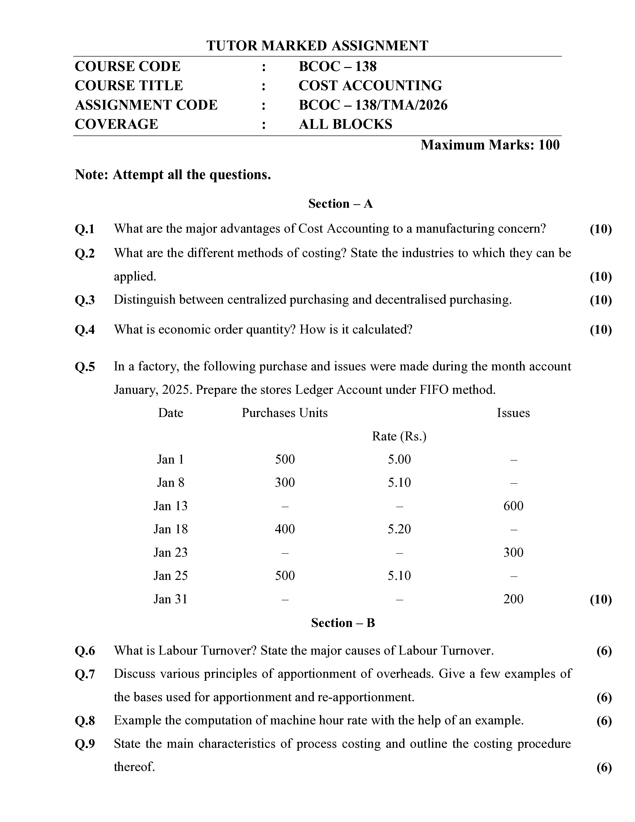 IGNOU BCOC 138 Solved Assignment 2026-26 – Cost Accounting (English) | IGNOU Students Portal