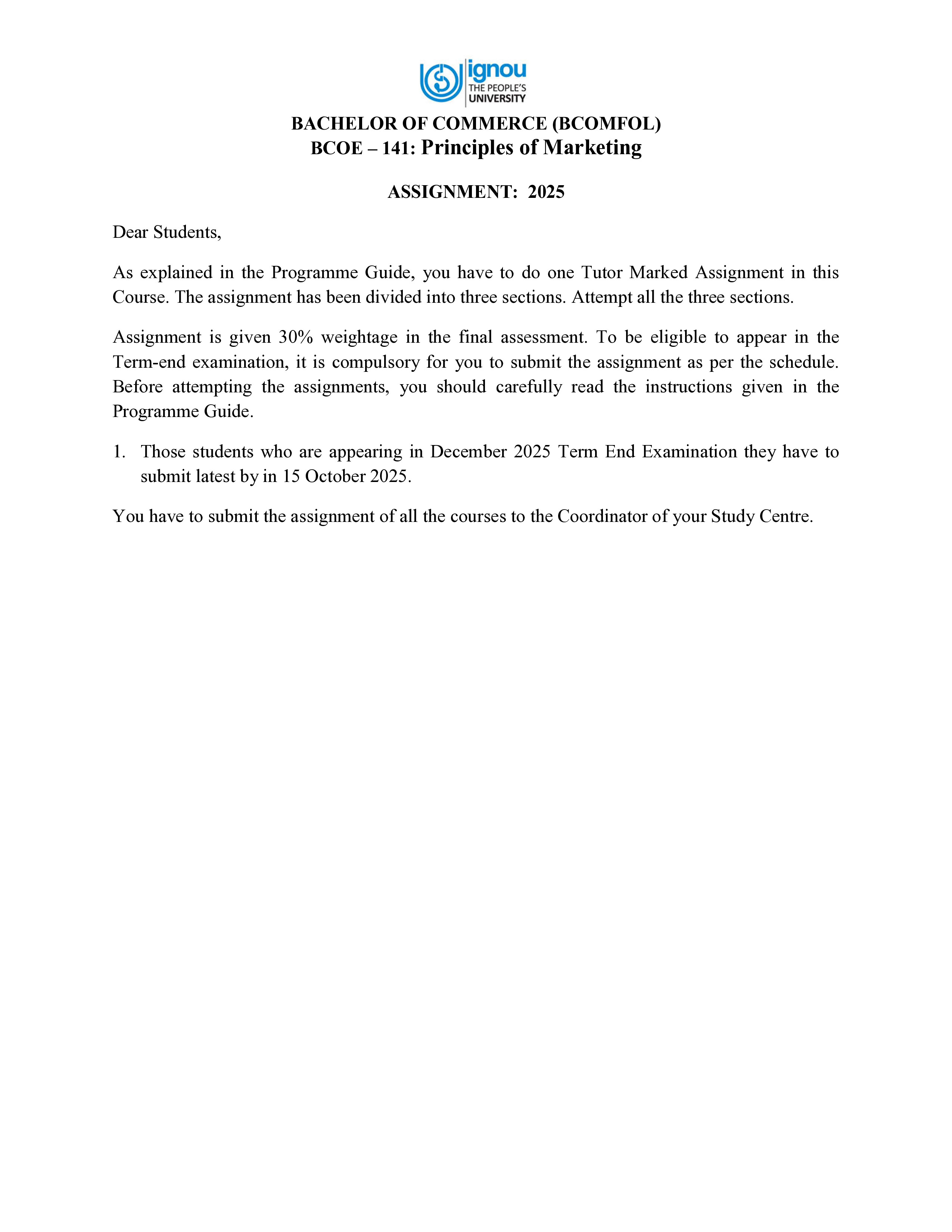 IGNOU BCOE 141 Solved Assignment 2025-25 – Principles of Marketing (English) | IGNOU Students Portal