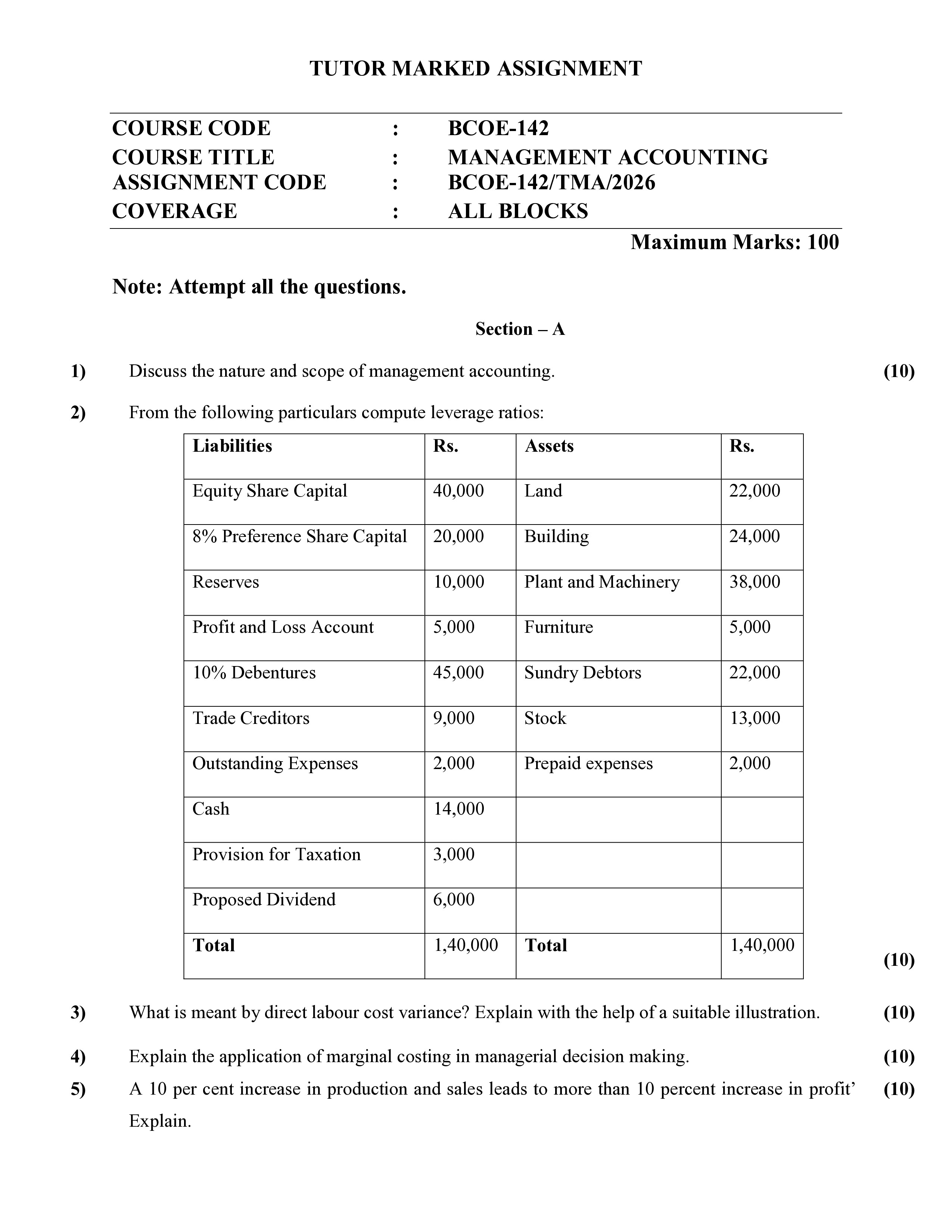IGNOU BCOE 142 Solved Assignment 2026-26 – Management Accounting (English) | IGNOU Students Portal