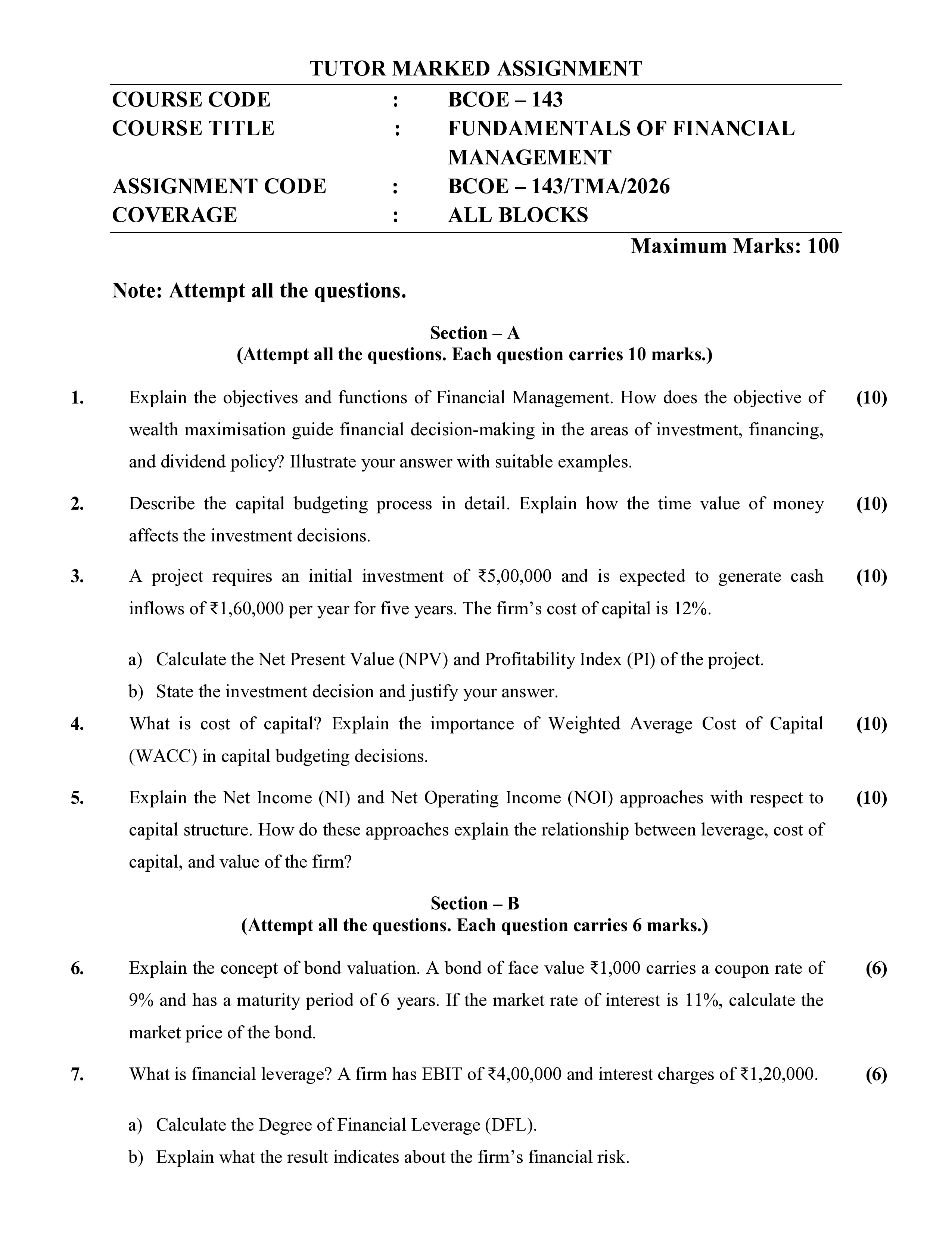 IGNOU BCOE 143 Solved Assignment 2026-26 – Fundamentals of Financial Management (English) | IGNOU Students Portal