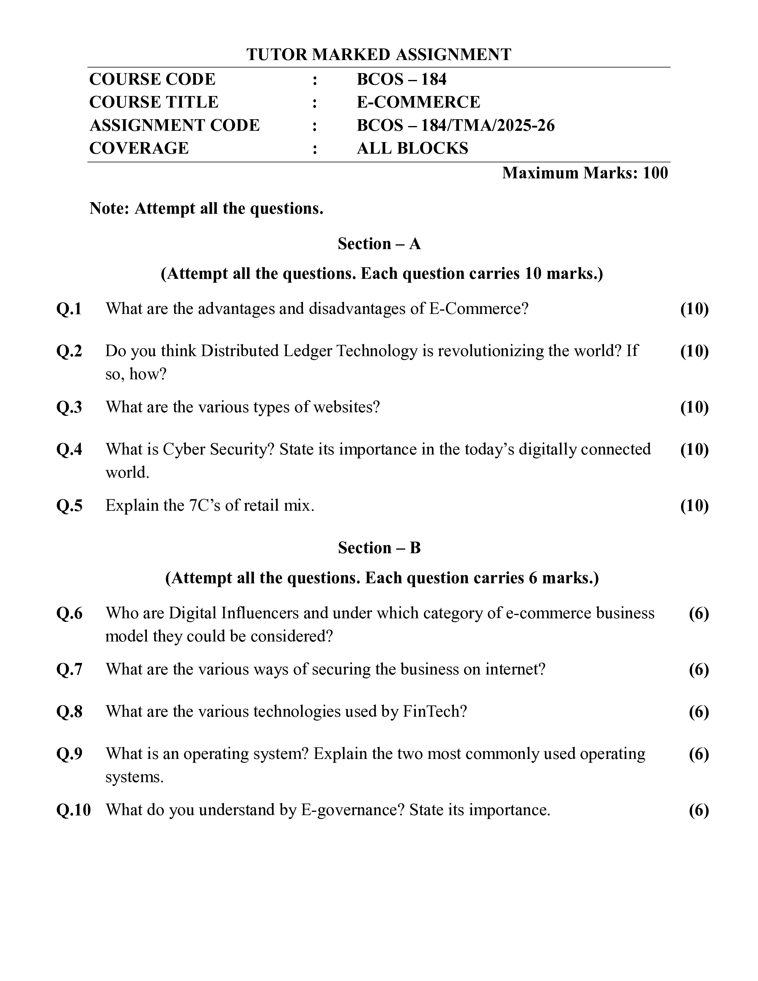 IGNOU BCOS 184 Solved Assignment 2025-2026 – E- Commerce (English) | IGNOU Students Portal