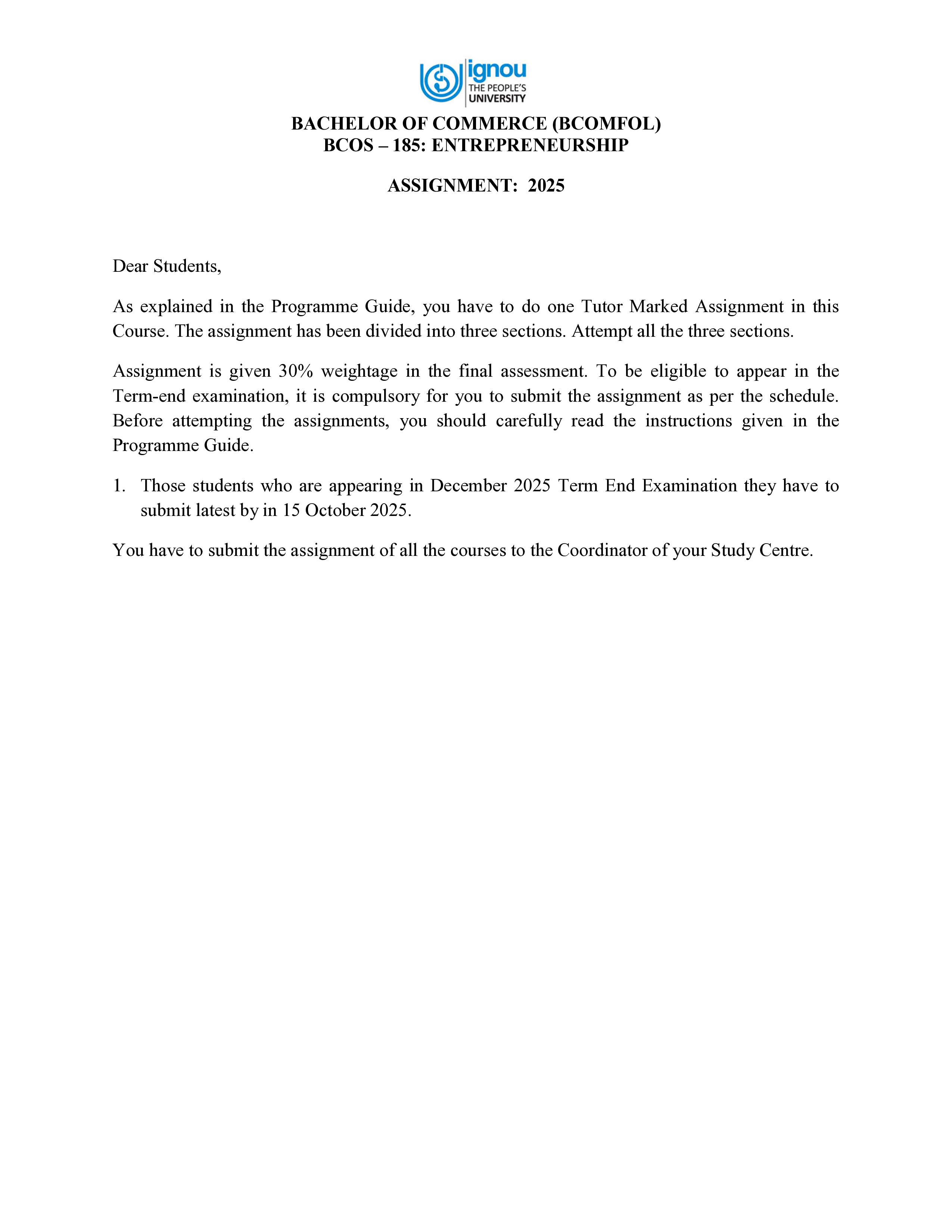 IGNOU BCOS 185 Solved Assignment 2025-25 – Entrepreneurship (English) | IGNOU Students Portal