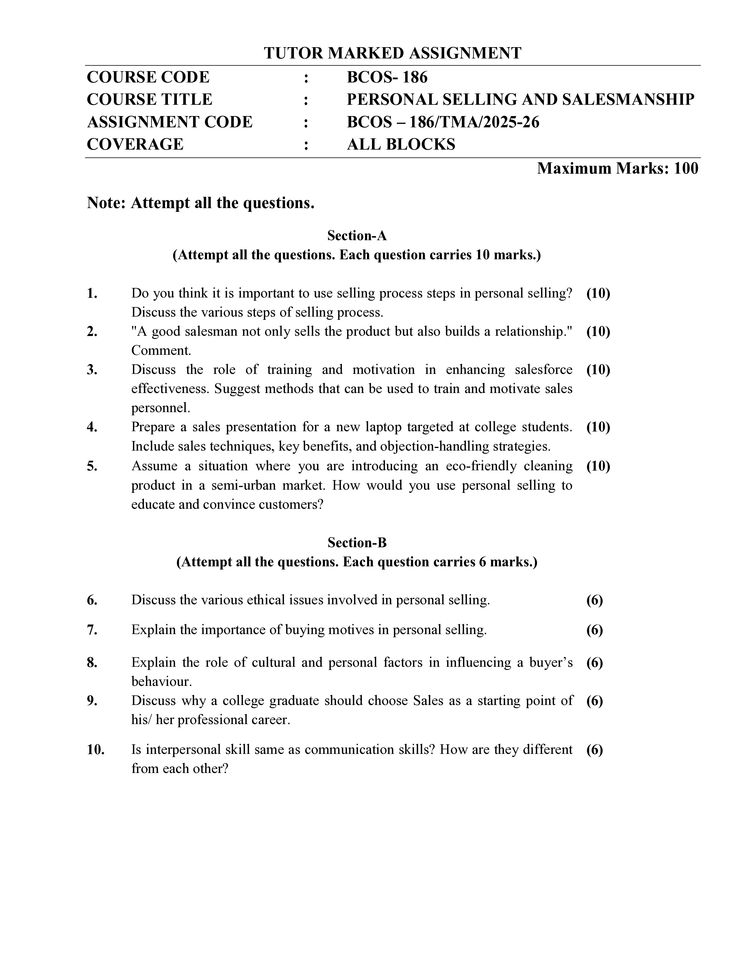 IGNOU BCOS 186 Solved Assignment 2025-2026 – Personal Selling and Salesmanship (English) | IGNOU Students Portal