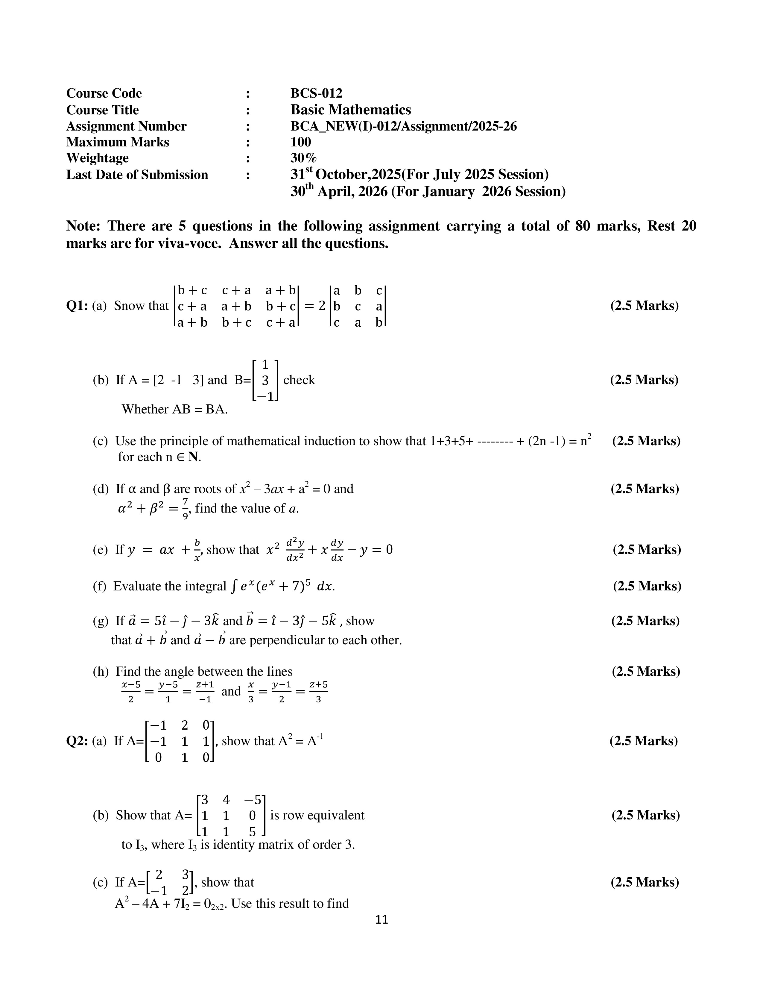 IGNOU BCS 012 Solved Assignment 2025-2026 – Mathematics (English) | IGNOU Students Portal