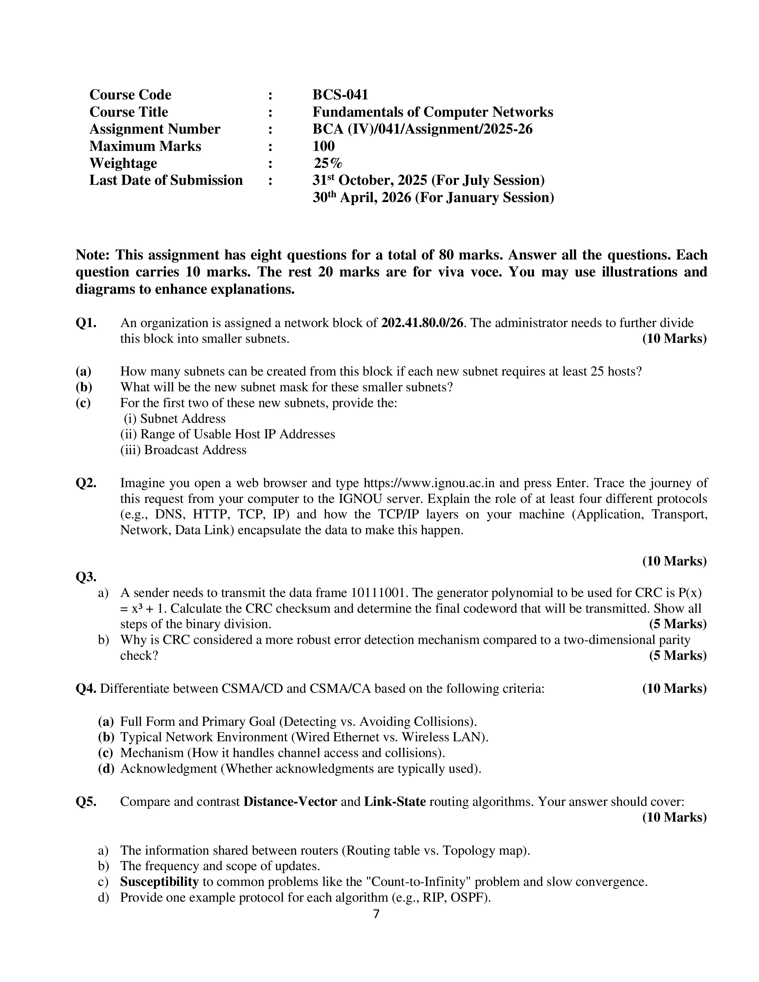 IGNOU BCS 041 Solved Assignment 2025-2026 – Fundamentals of Computer Networks (English) | IGNOU Students Portal