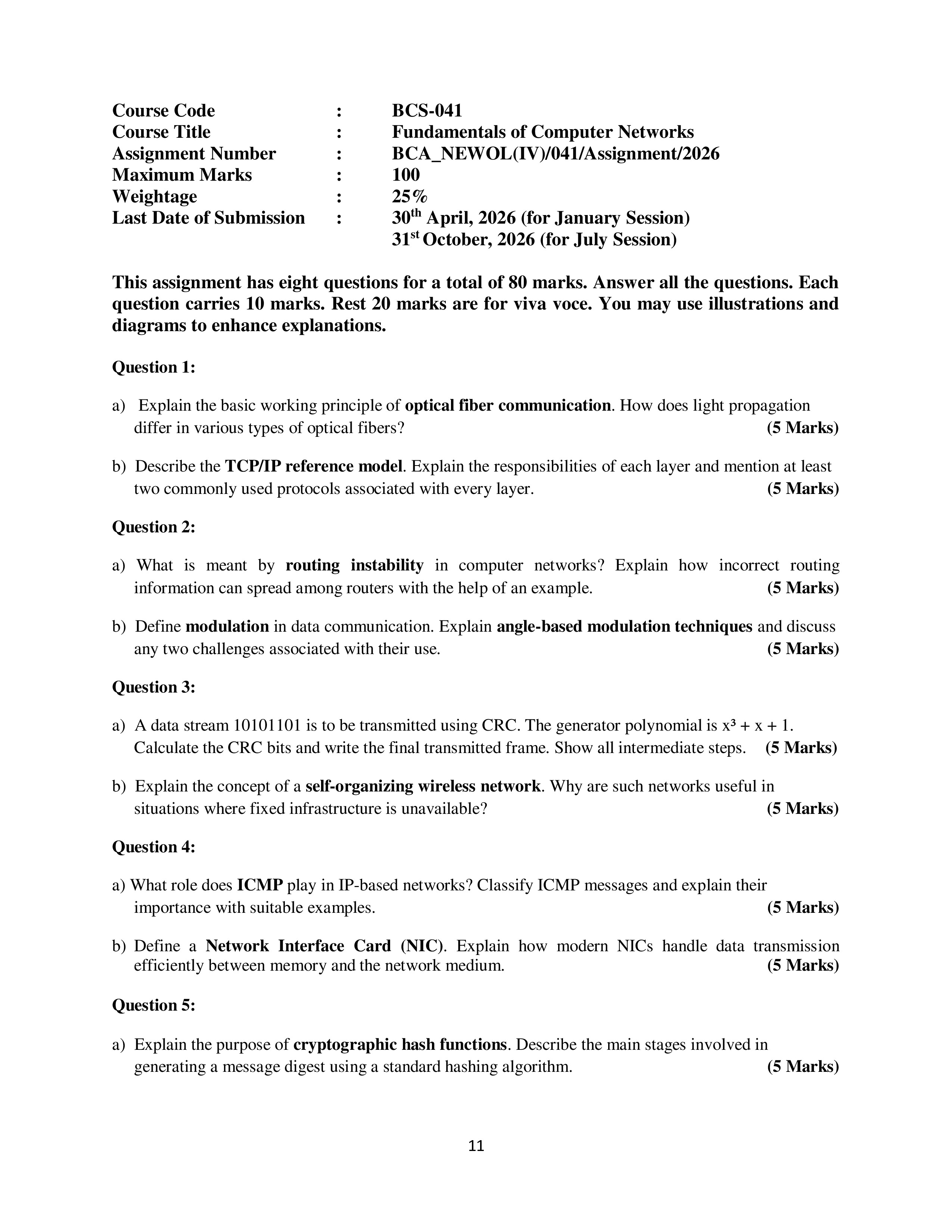 IGNOU BCS 041 Solved Assignment 2026-26 – Fundamentals of Computer Networks (English) | IGNOU Students Portal