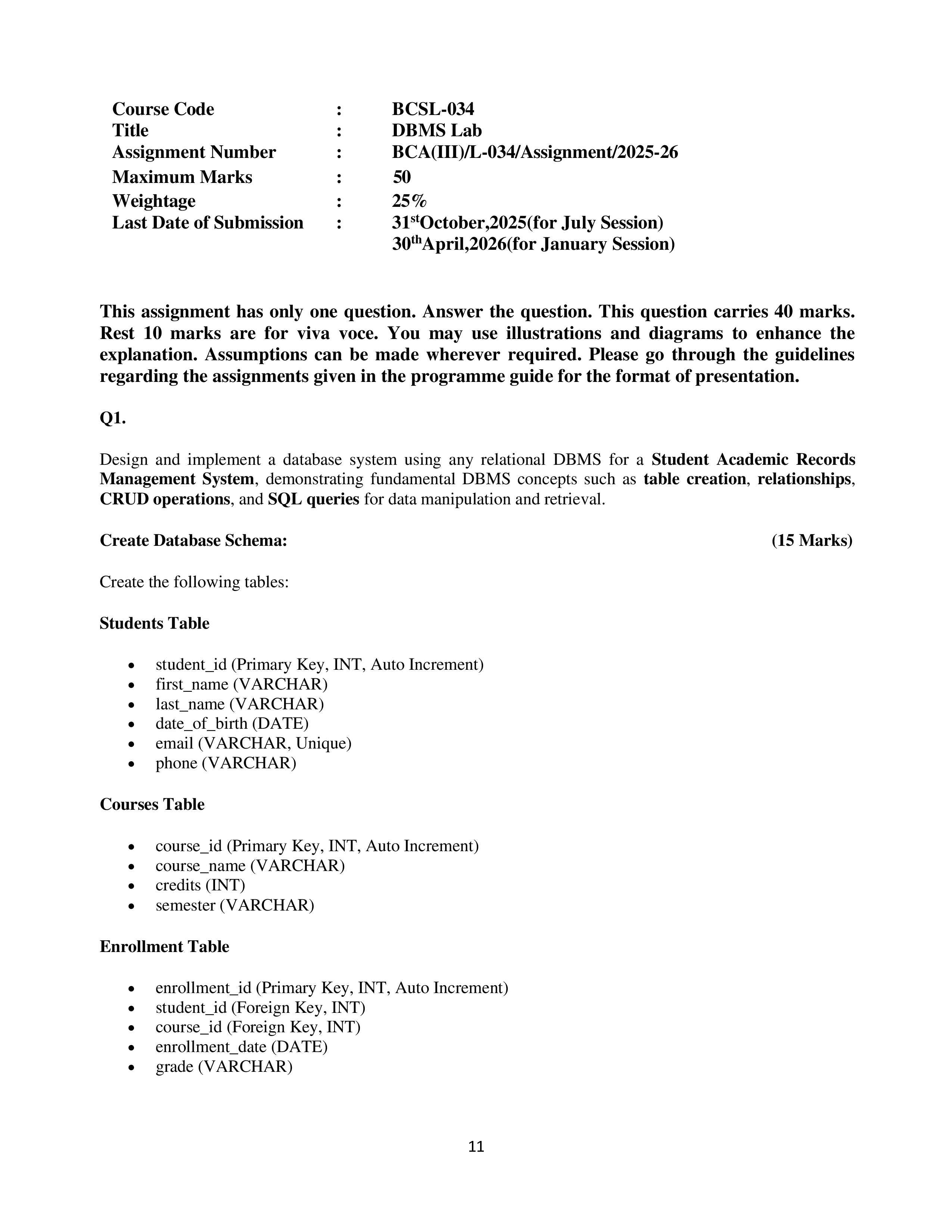 IGNOU BCSL 034 Solved Assignment 2025-2026 – DBMS Lab (English) | IGNOU Students Portal