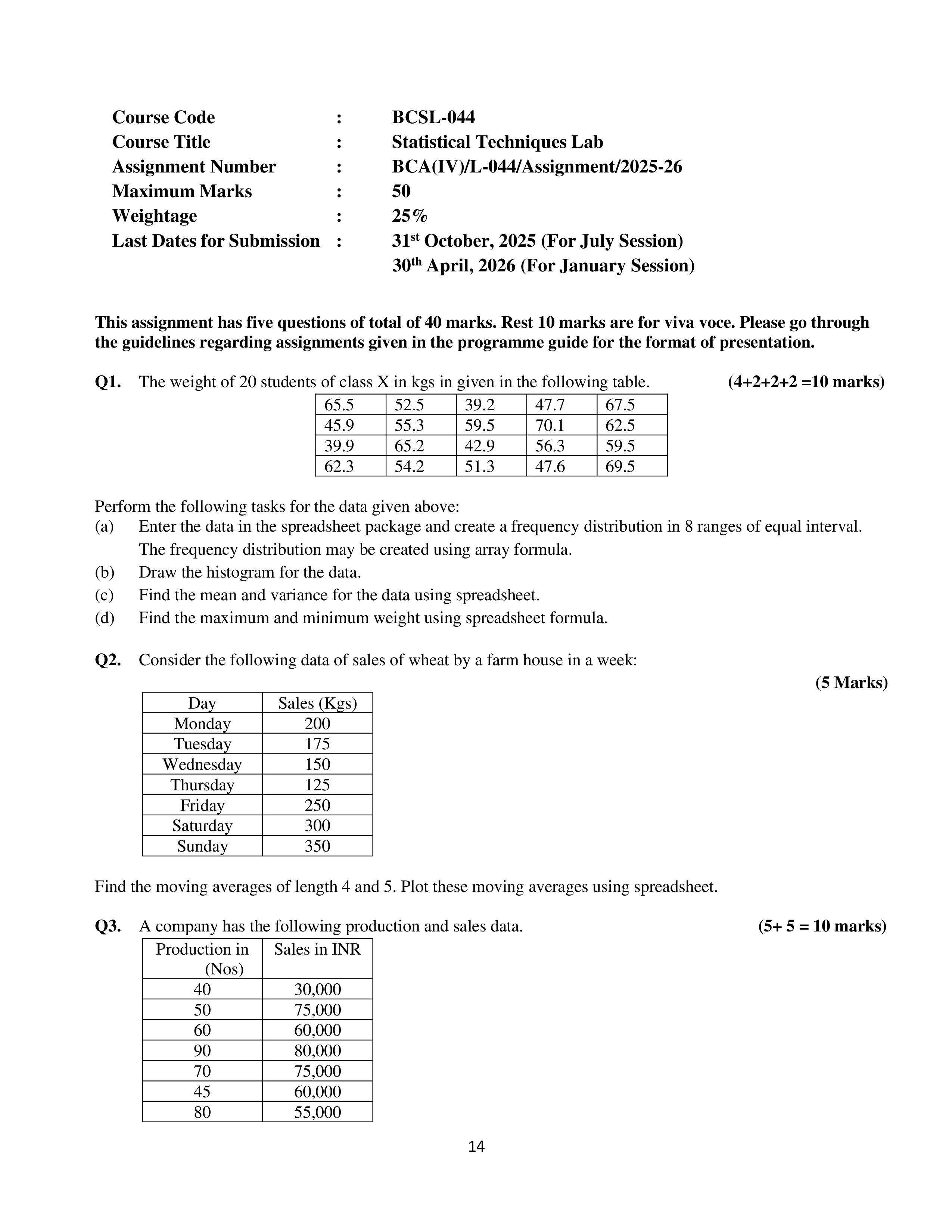 IGNOU BCSL 044 Solved Assignment 2025-2026 – Statistical Techniques Lab (English) | IGNOU Students Portal