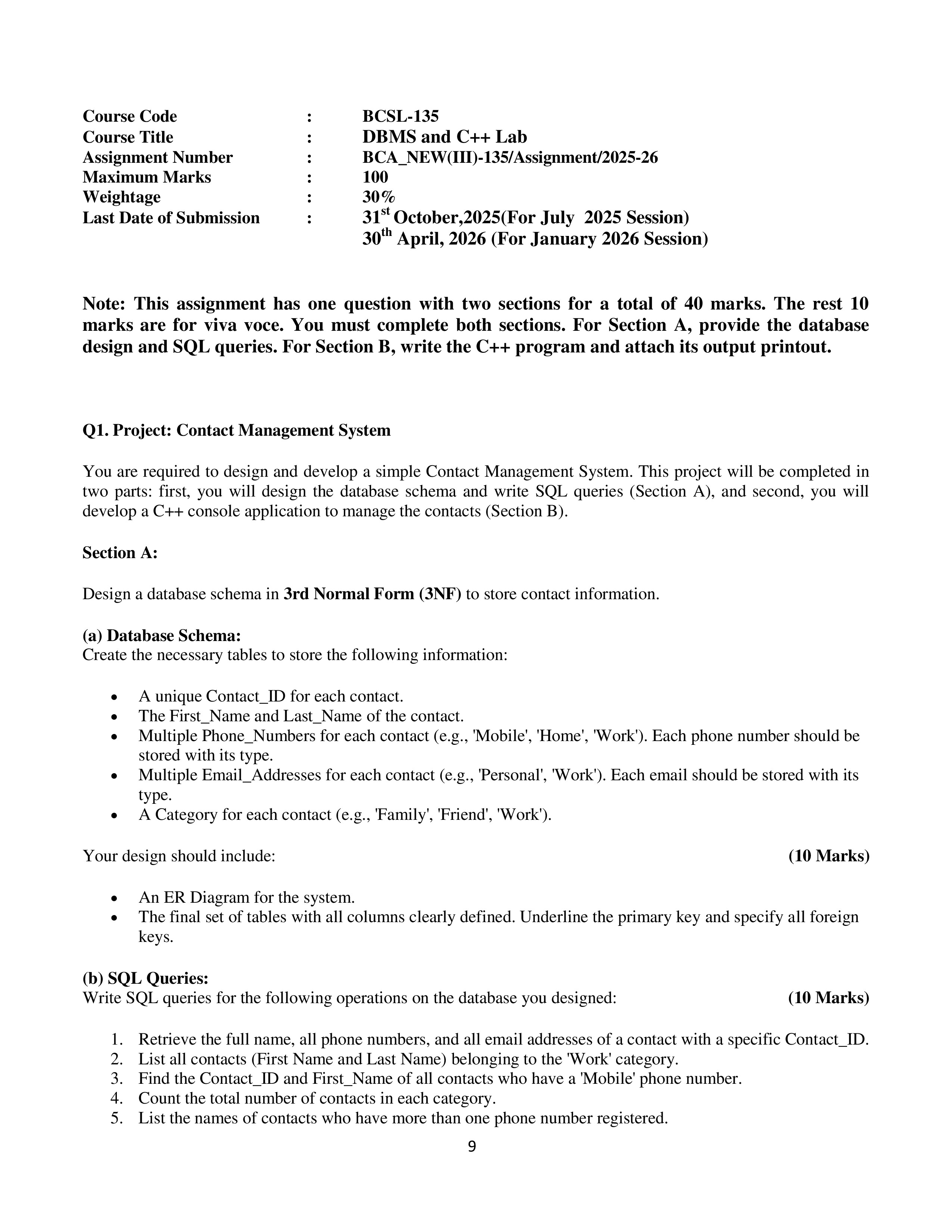 IGNOU BCSL 135 Solved Assignment 2025-2026 – DBMS and C++ Lab (English) | IGNOU Students Portal