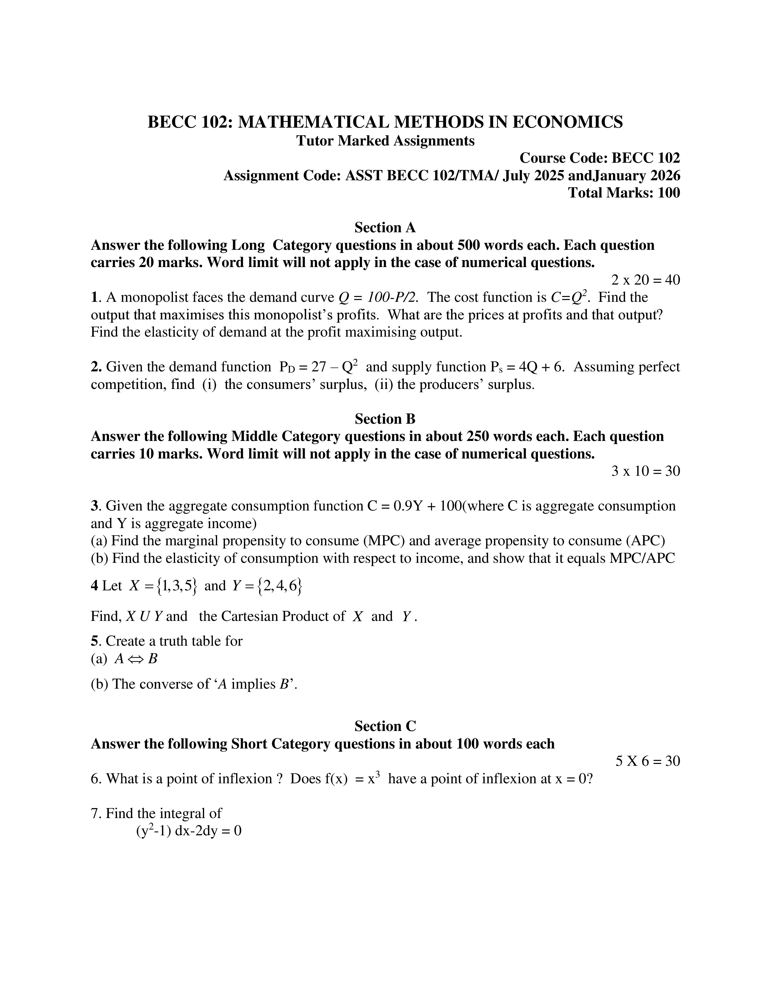 IGNOU BECC 102 Solved Assignment 2025-2026 – Mathematical Methods for Economics-I (English) | IGNOU Students Portal