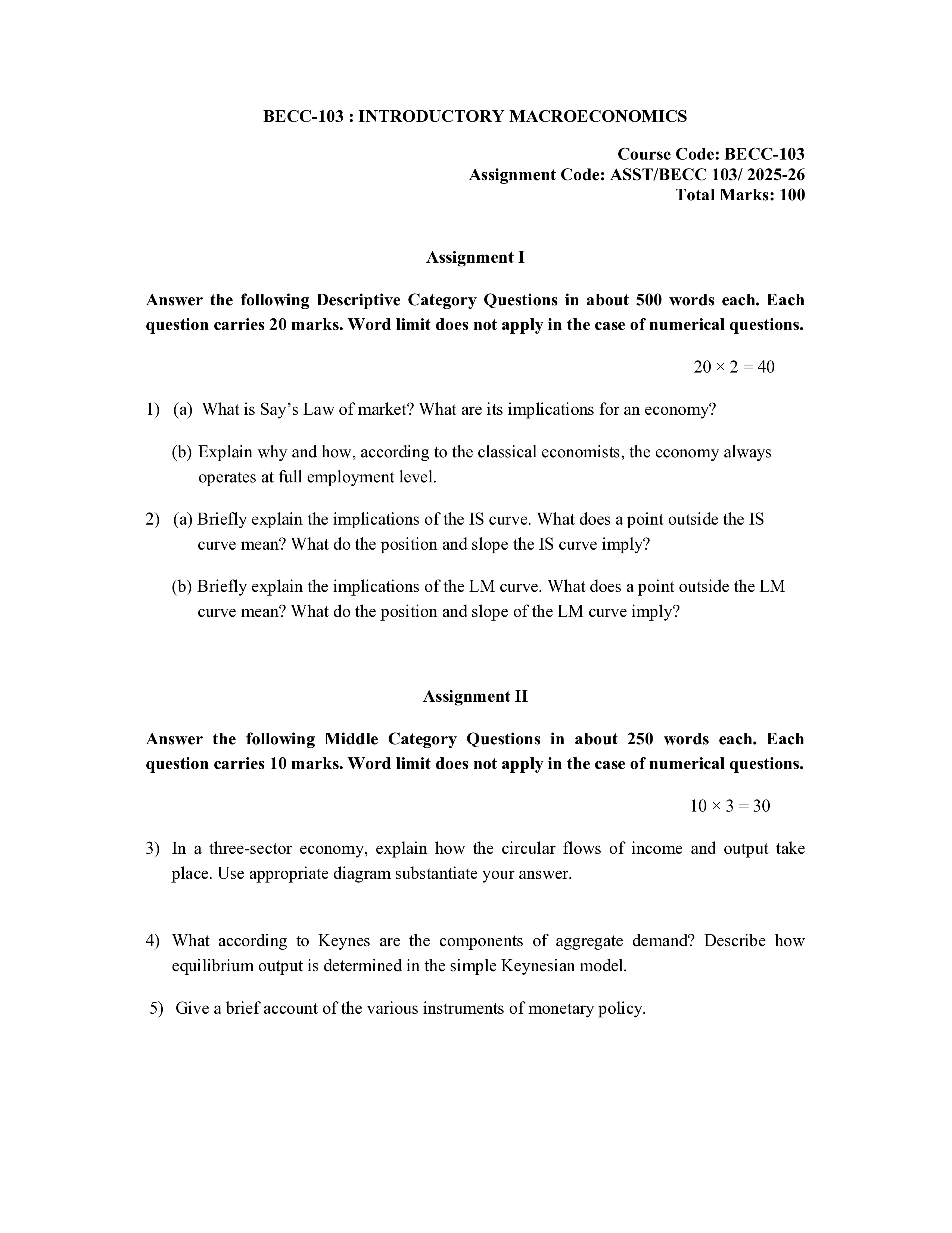 IGNOU BECC 103 Solved Assignment 2025-2026 – Introductory Macroeconomics (English) | IGNOU Students Portal