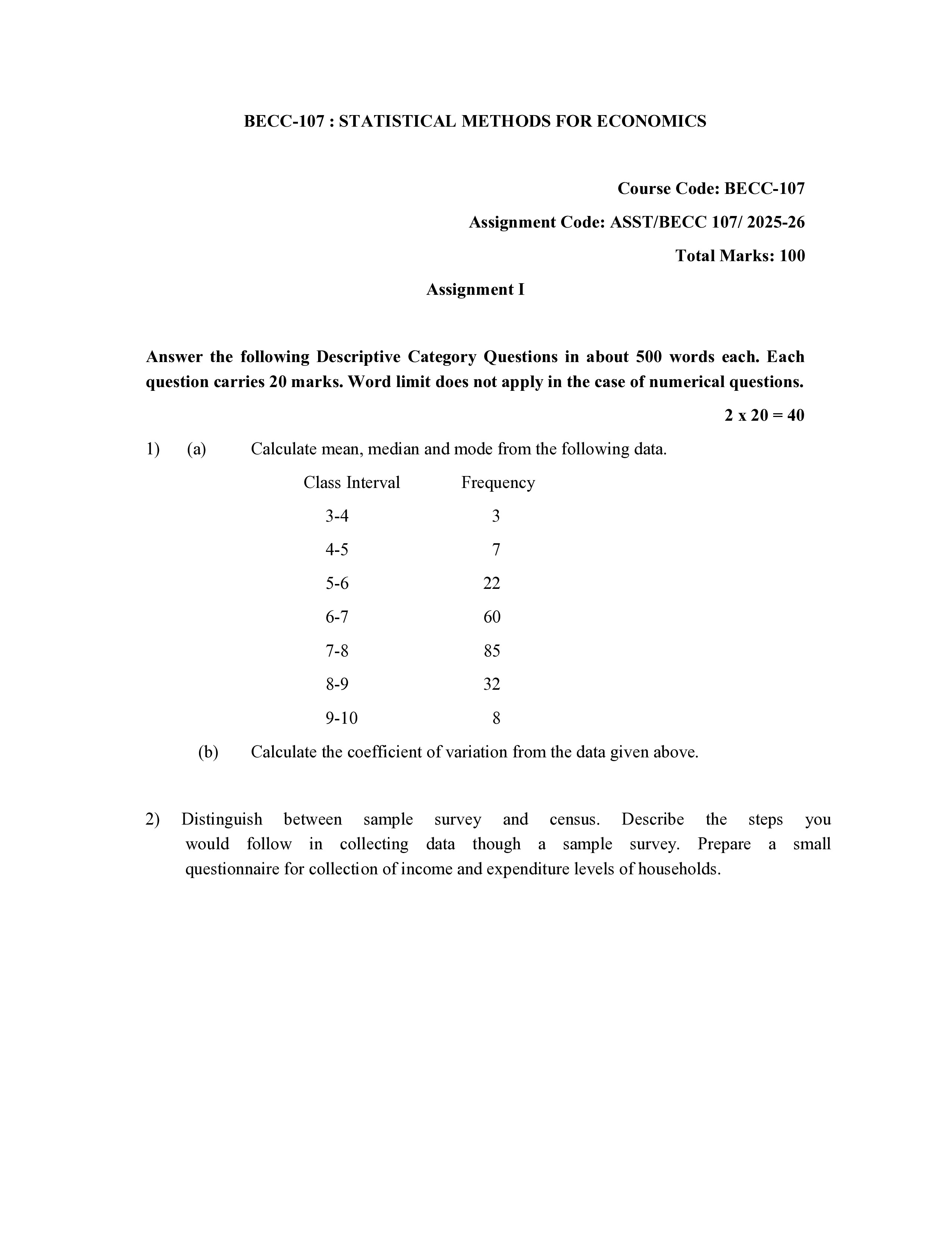IGNOU BECC 107 Solved Assignment 2025-2026 – Statistical Methods For Economics (English) | IGNOU Students Portal
