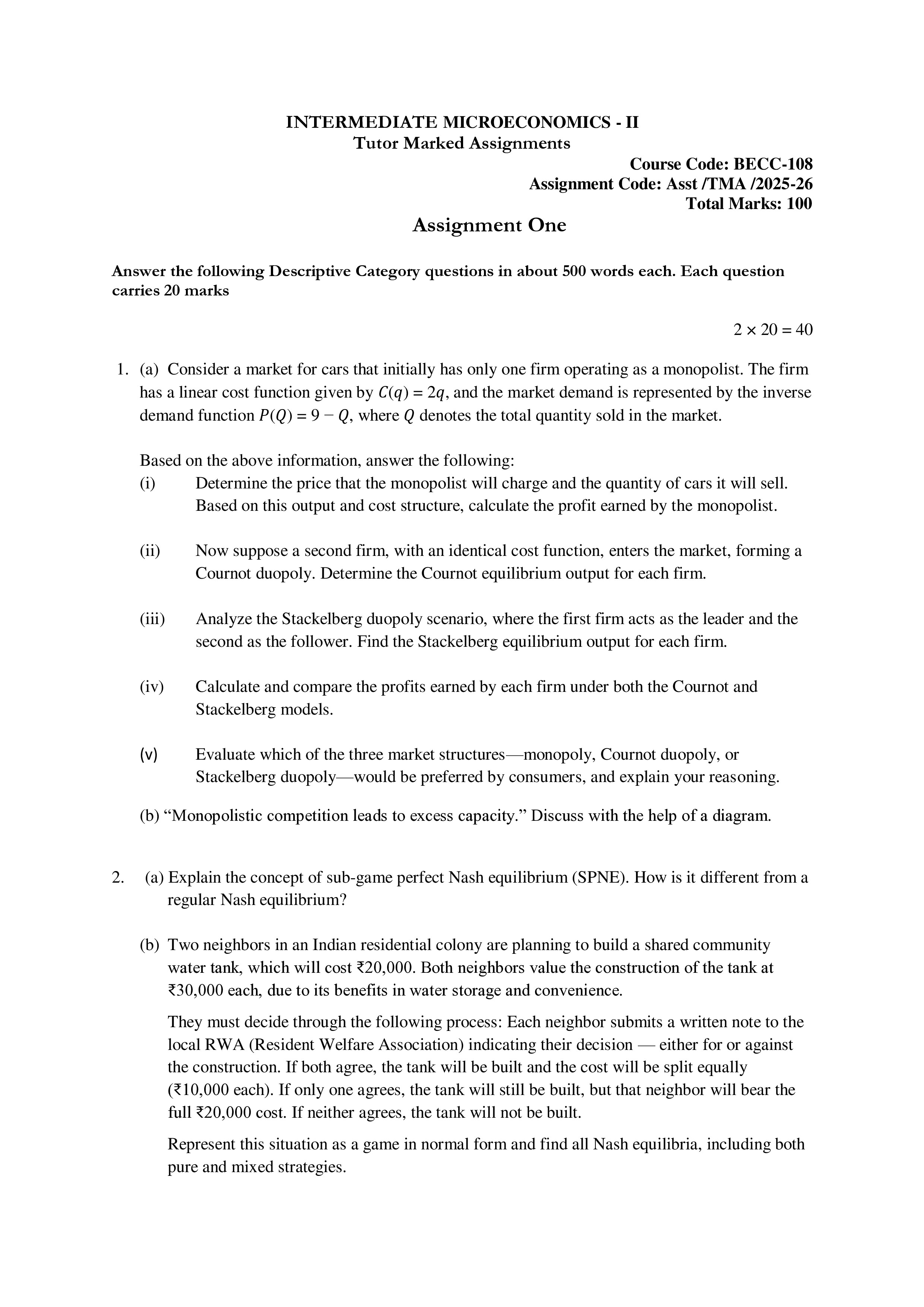 IGNOU BECC 108 Solved Assignment 2025-2026 – Intermediate Microeconomics-II (English) | IGNOU Students Portal