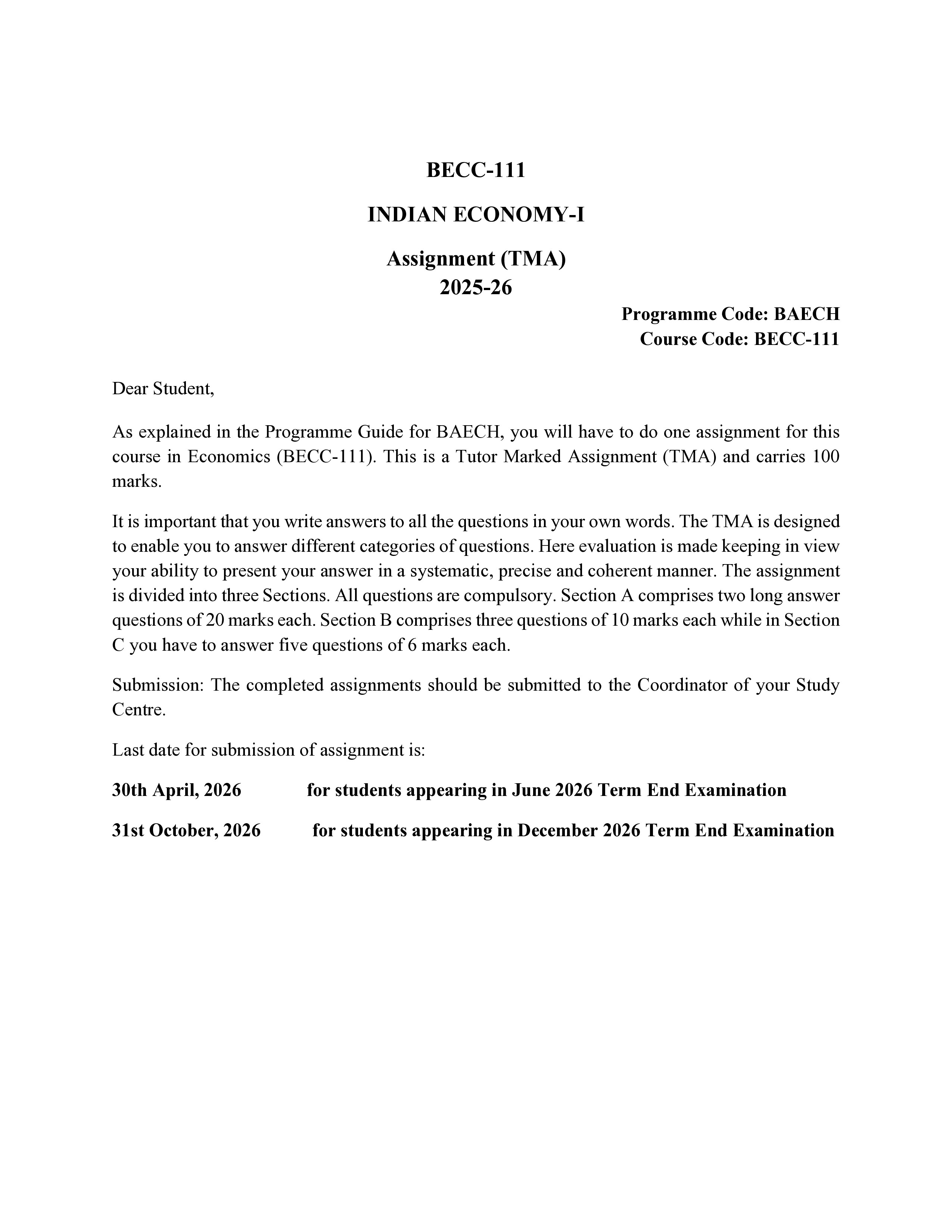 IGNOU BECC 111 Solved Assignment 2025-2026 – Indian Economy-I (English) | IGNOU Students Portal