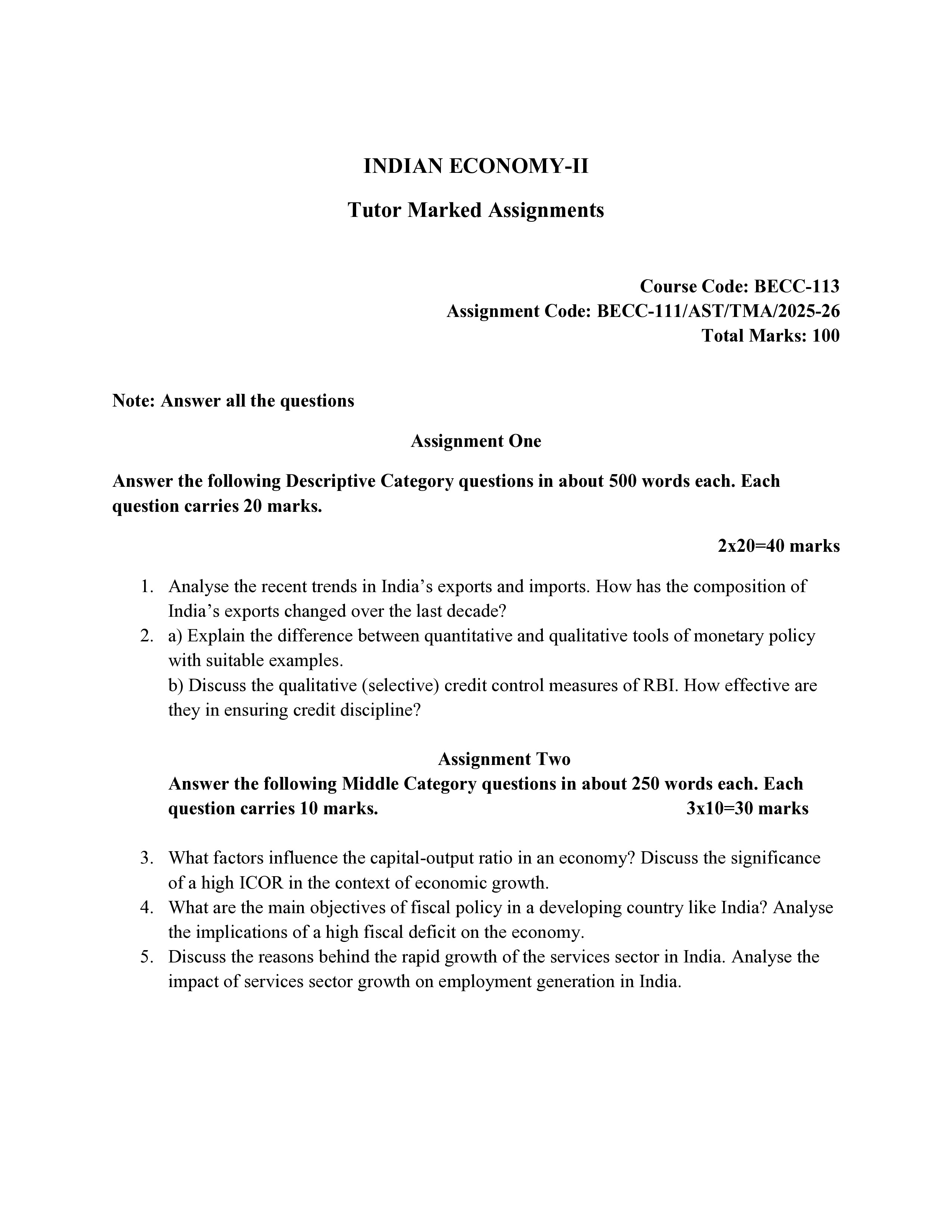 IGNOU BECC 113 Solved Assignment 2025-2026 – Indian Economy-II (English) | IGNOU Students Portal