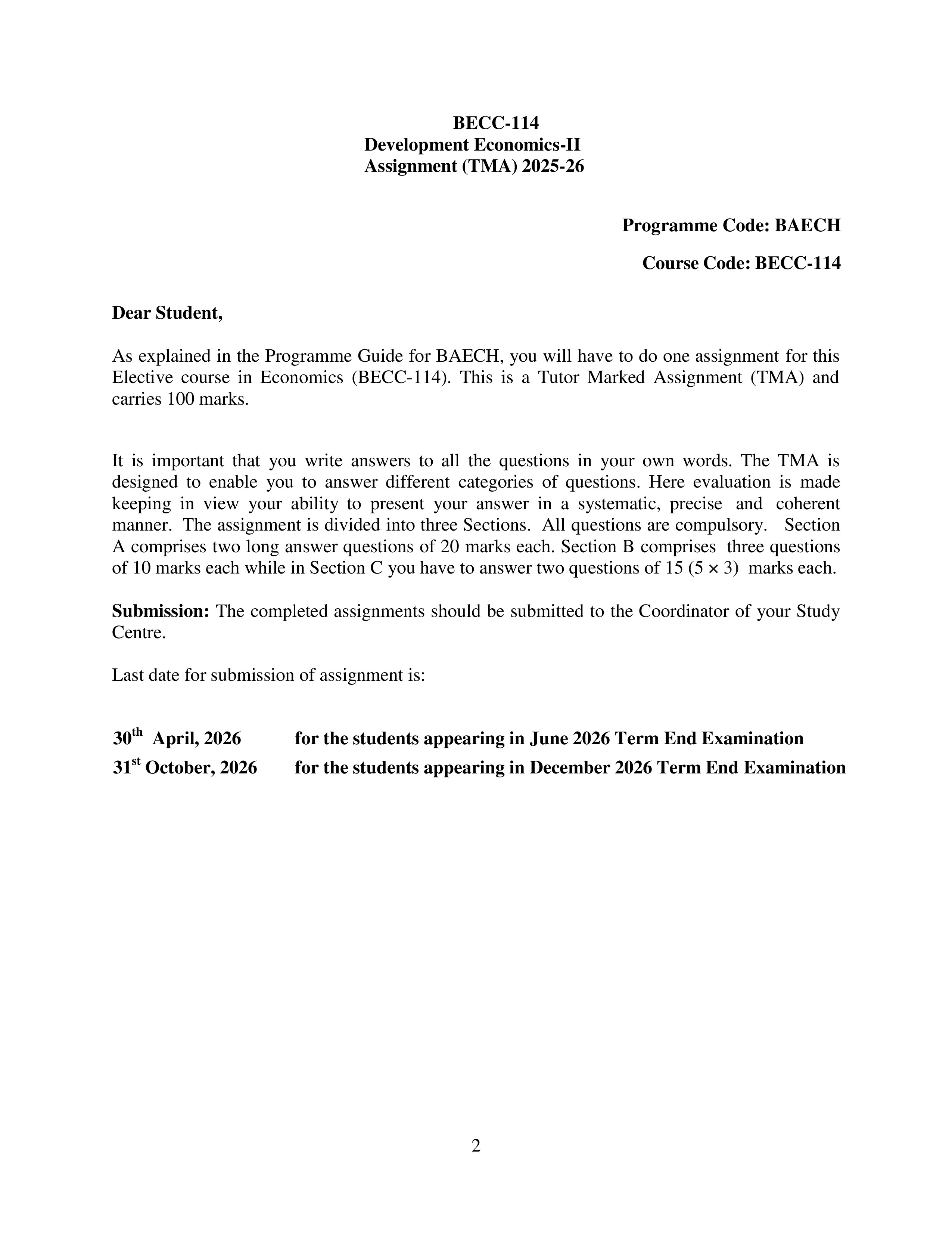IGNOU BECC 114 Solved Assignment 2025-2026 – Development Economics- II (English) | IGNOU Students Portal