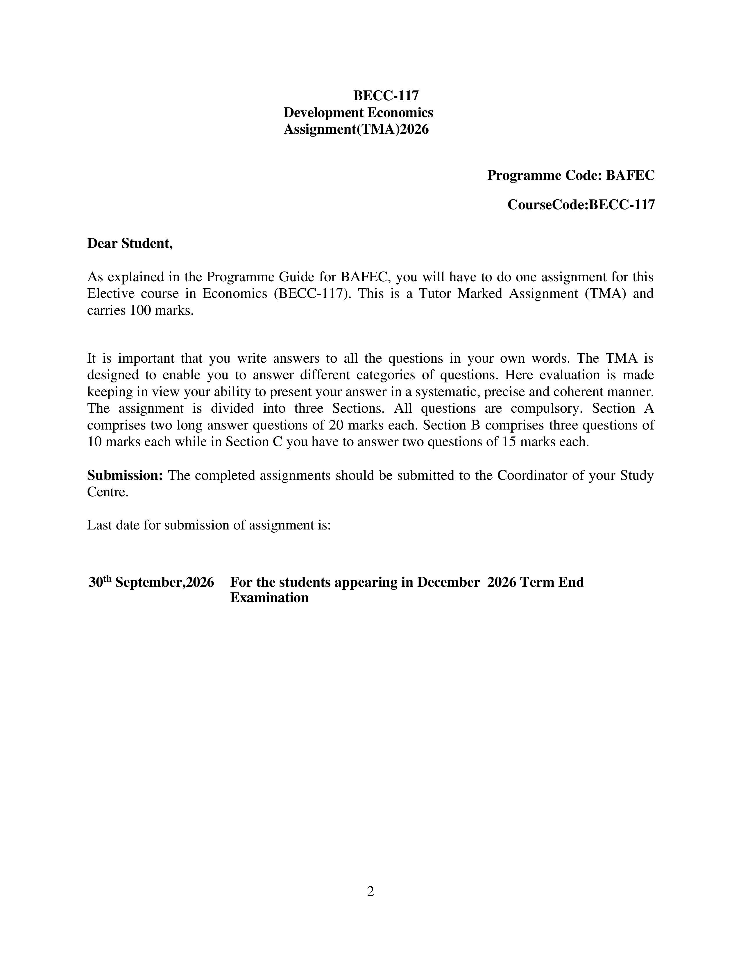 IGNOU BECC 117 Solved Assignment 2025-2026 – Development Economics (English) | IGNOU Students Portal