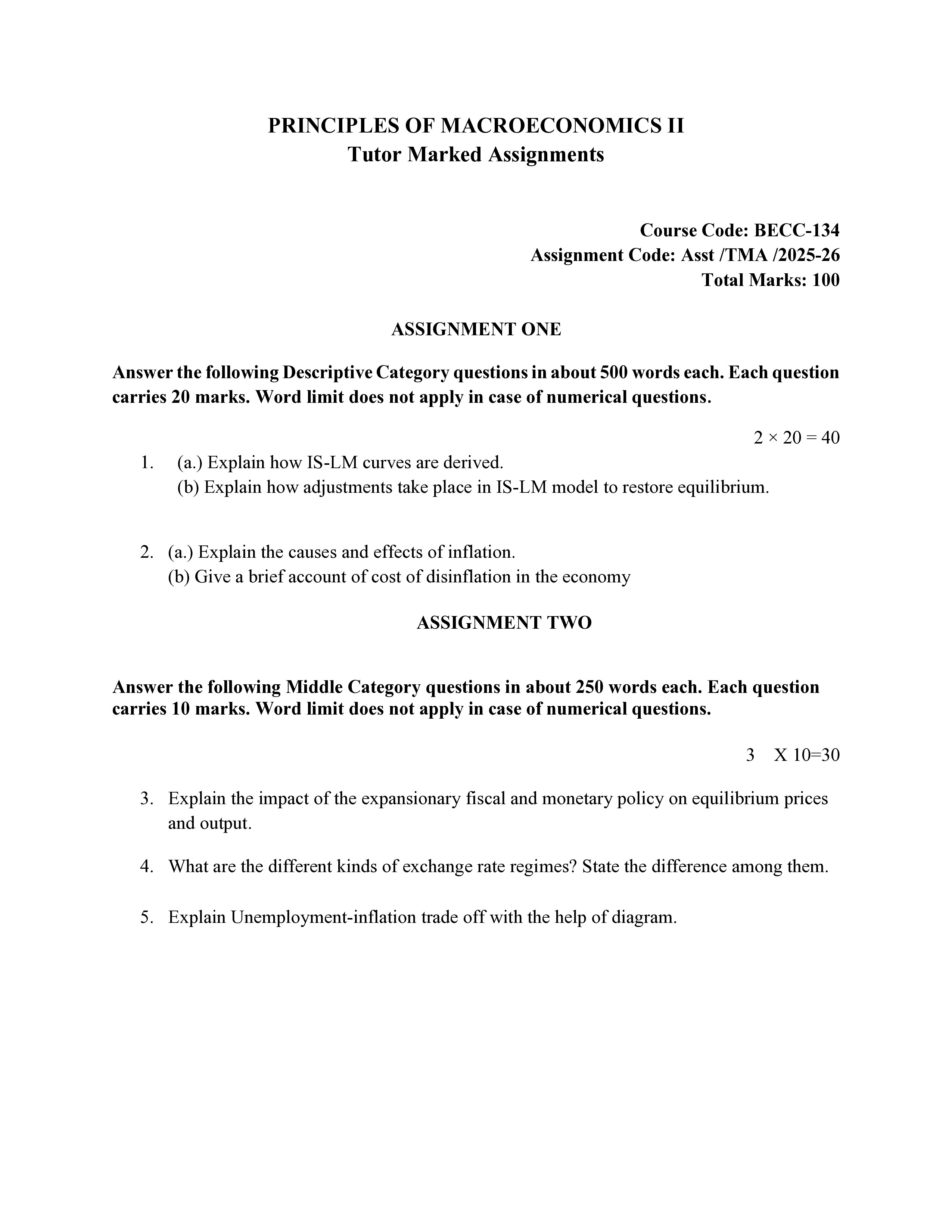 IGNOU BECC 134 Solved Assignment 2025-2026 – Principles of Macroeconomics-II (English) | IGNOU Students Portal