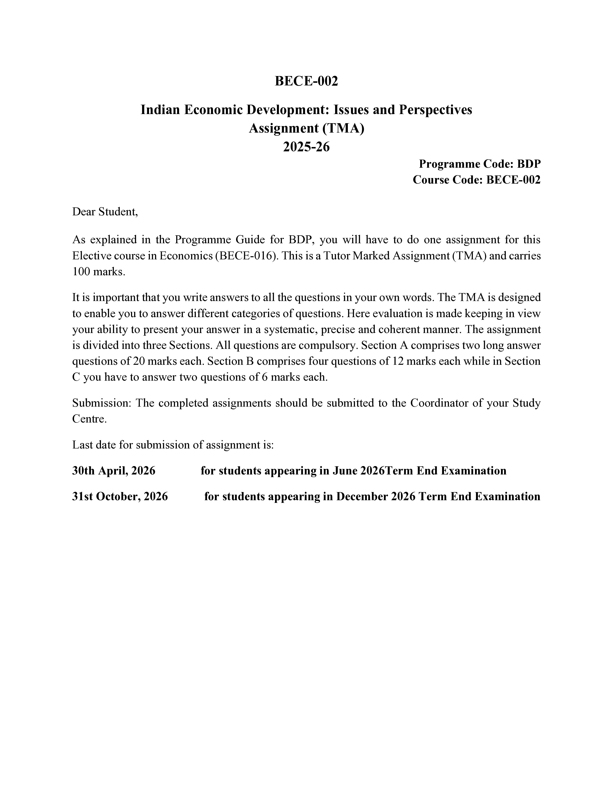 IGNOU BECE 002 Solved Assignment 2025-2026 – Indian Economic Development:Issues and Perspectives (English) | IGNOU Students Portal