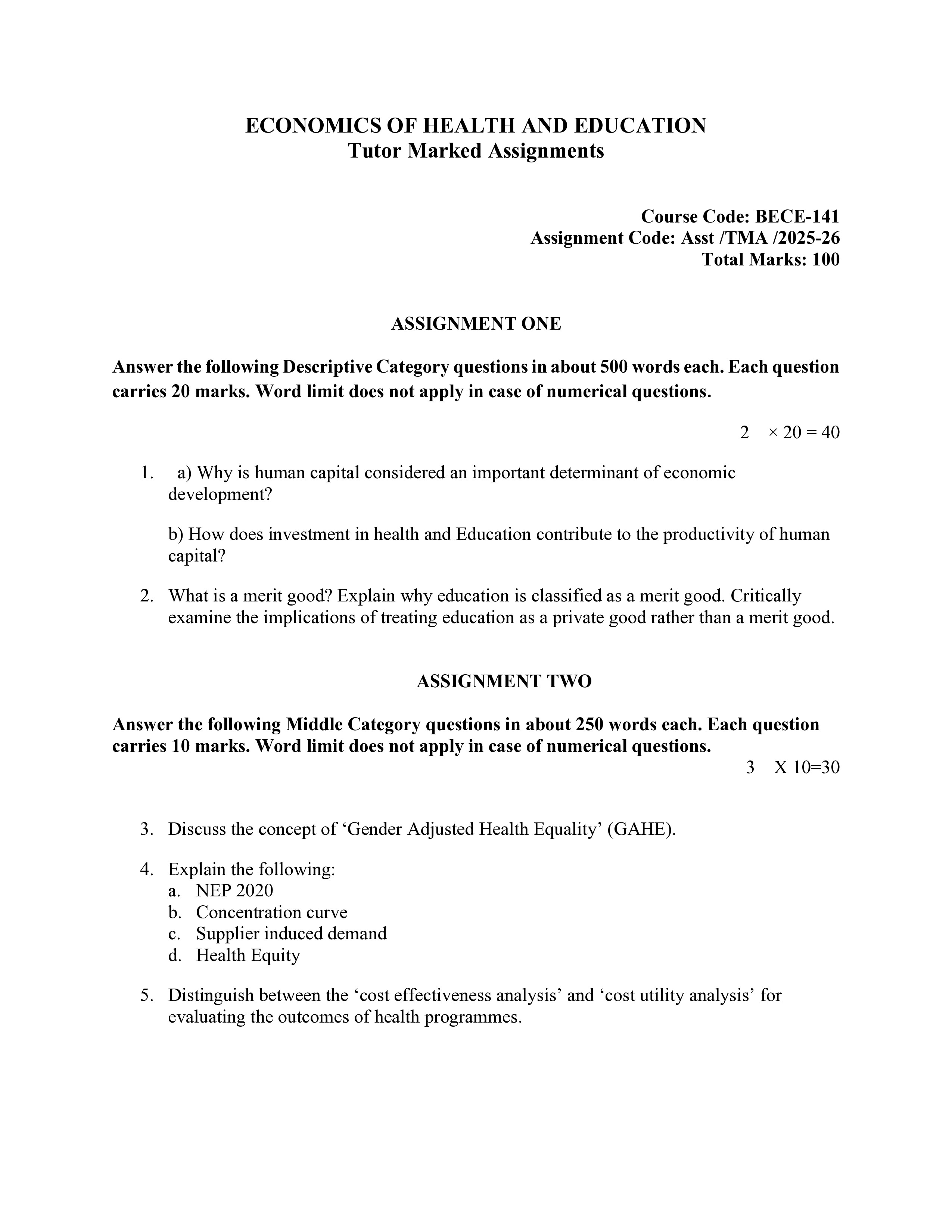 IGNOU BECE 141 Solved Assignment 2025-2026 – Economics of Health and Education (English) | IGNOU Students Portal