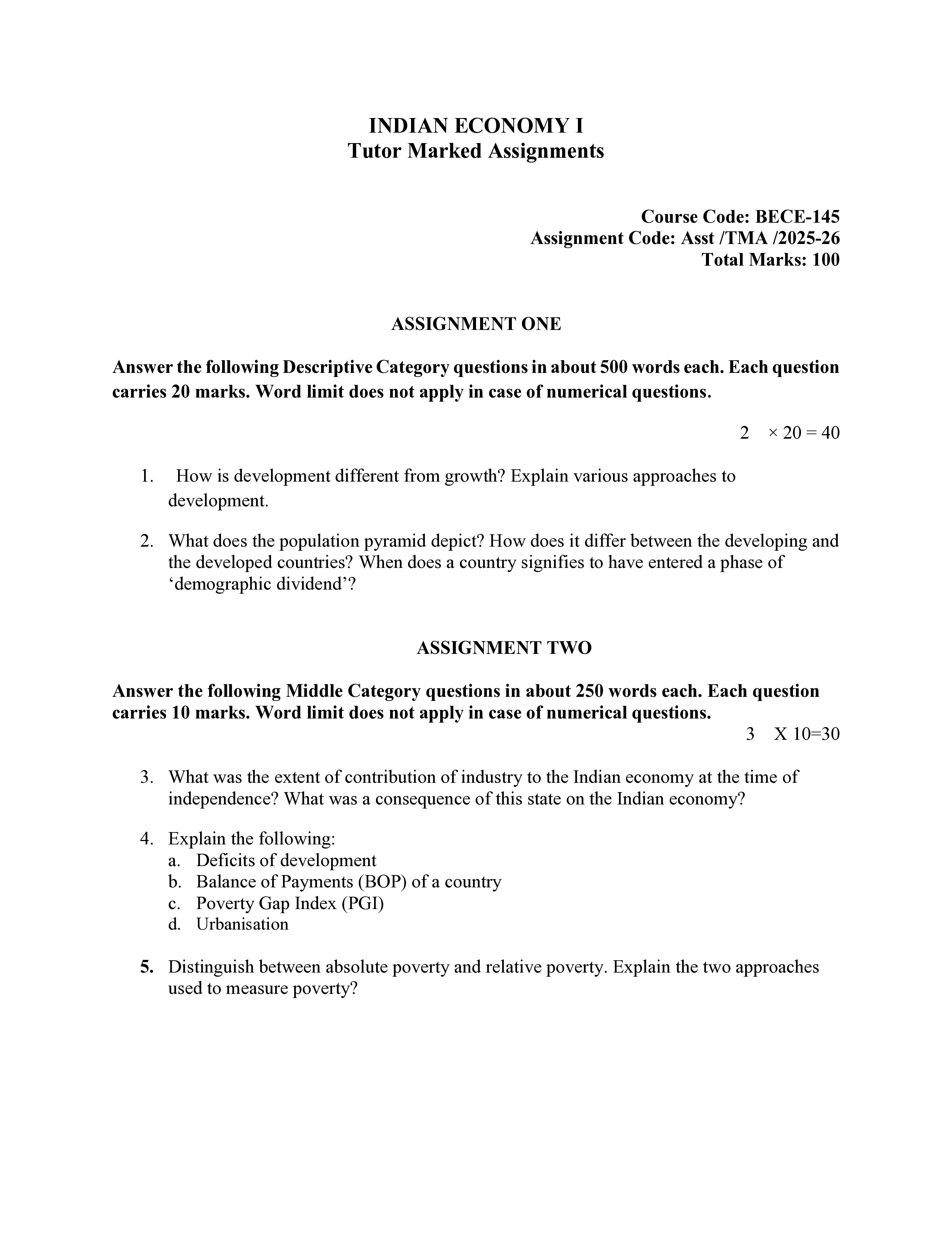 IGNOU BECE 145 Solved Assignment 2025-2026 – Indian Economy-I (English) | IGNOU Students Portal
