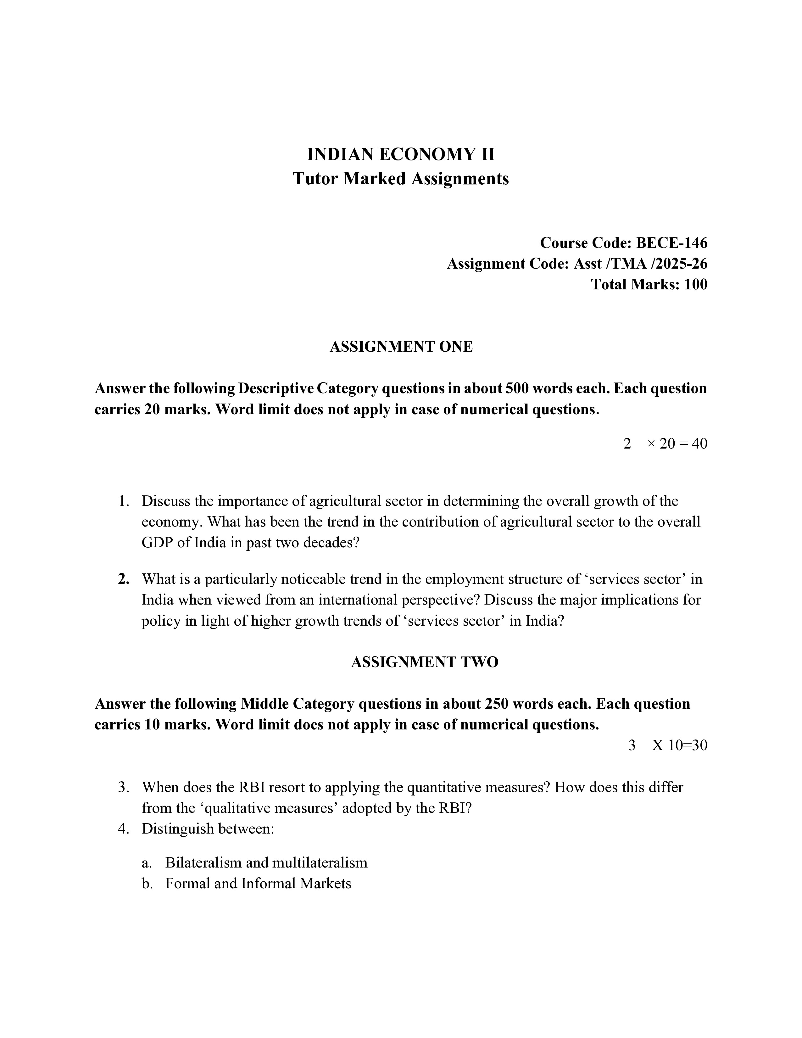 IGNOU BECE 146 Solved Assignment 2025-2026 – Indian Economy-II (English) | IGNOU Students Portal