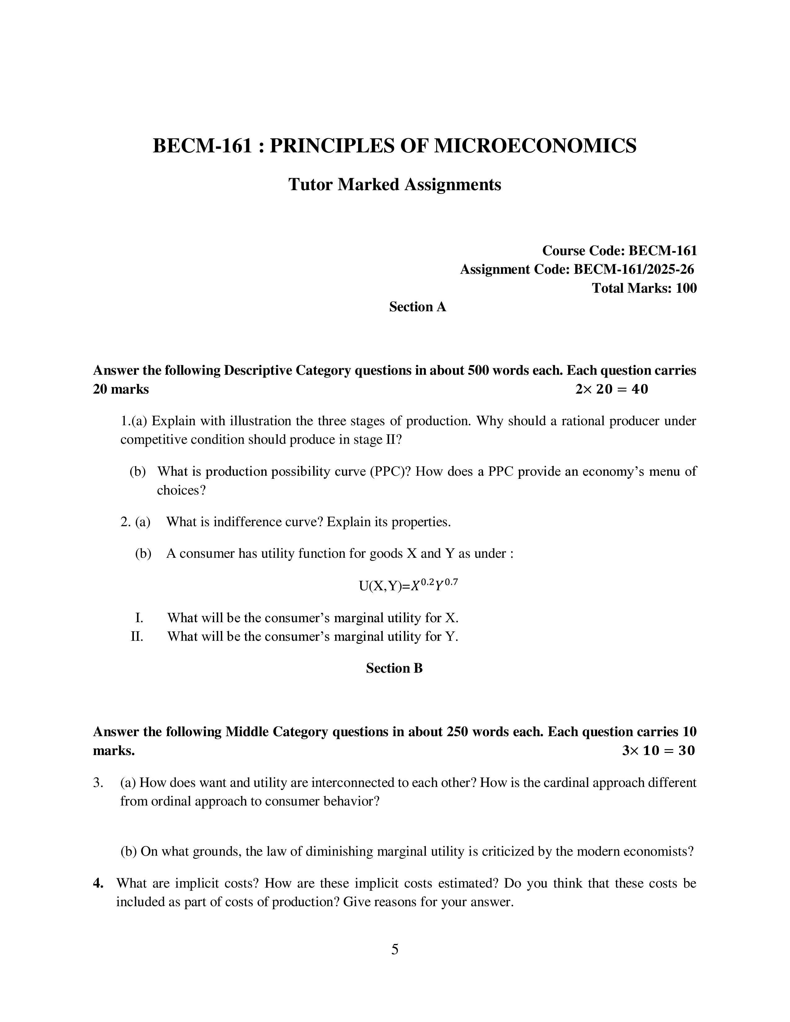 IGNOU BECM 161 Solved Assignment 2025-2026 – Principles of Microeconomics (English) | IGNOU Students Portal