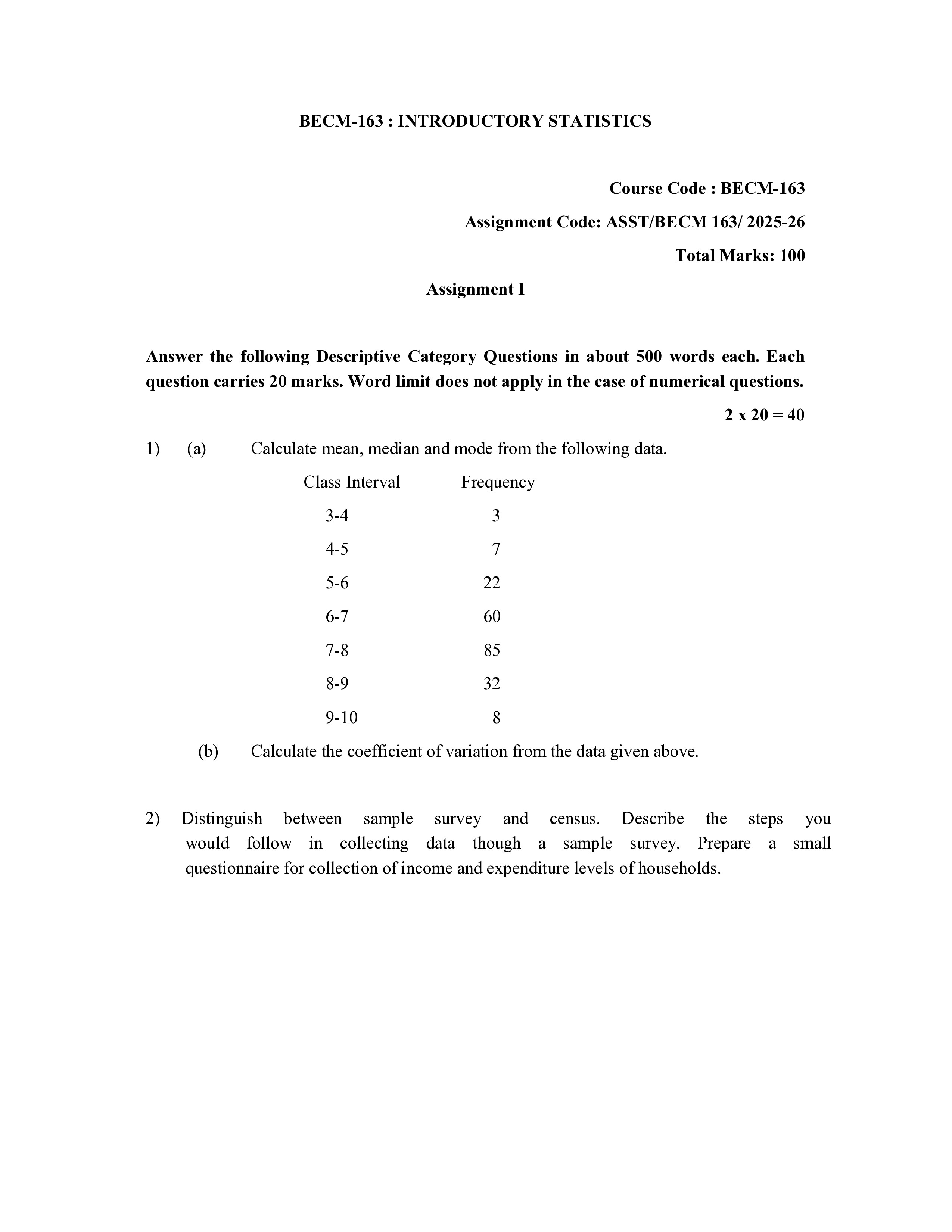 IGNOU BECM 163 Solved Assignment 2026-26 – Introductory Statistics (English) | IGNOU Students Portal