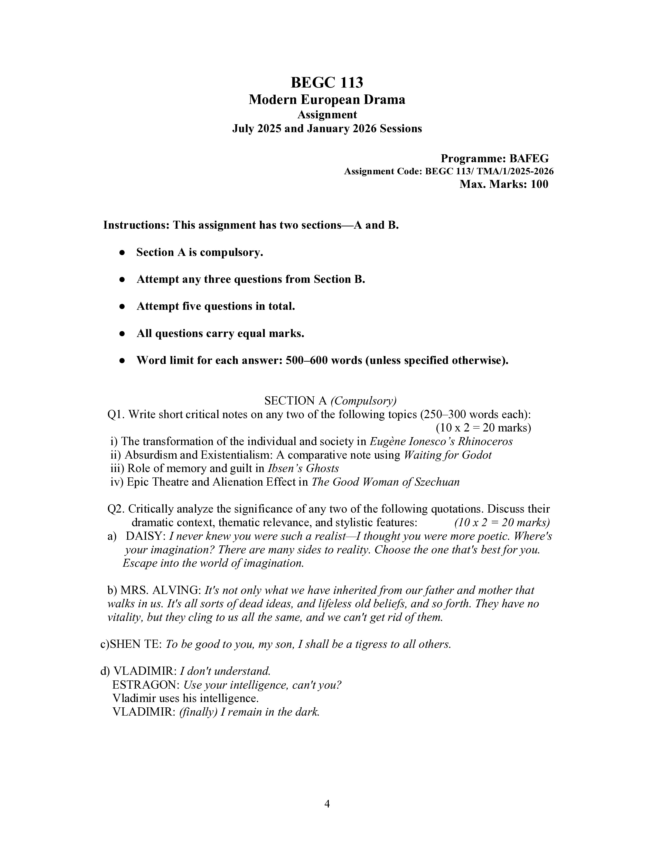 IGNOU BEGC 113 Solved Assignment 2025-2026 – Modern European Drama (English) | IGNOU Students Portal
