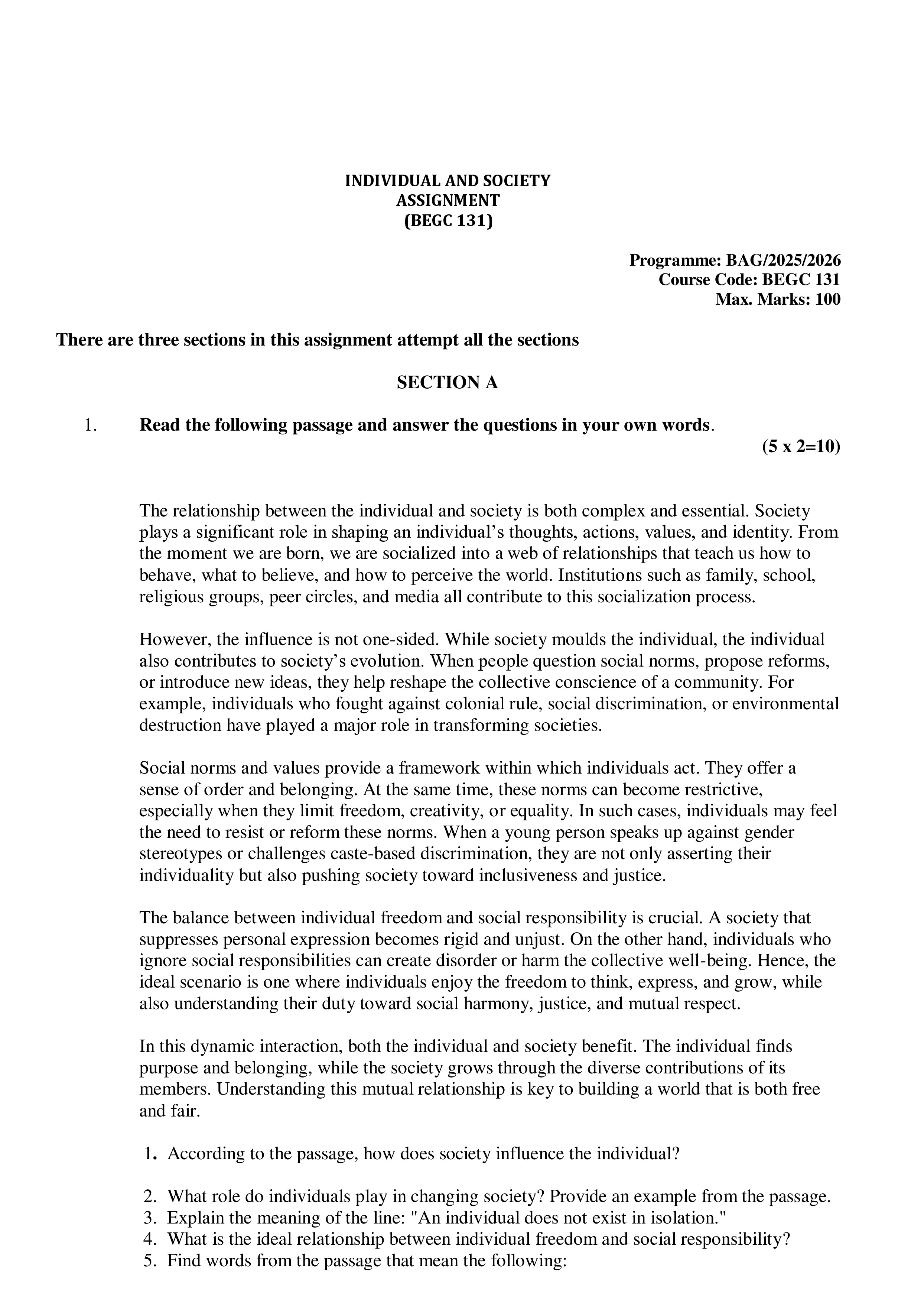IGNOU BEGC 131 Solved Assignment 2025-2026 – Individual and Society (English) | IGNOU Students Portal